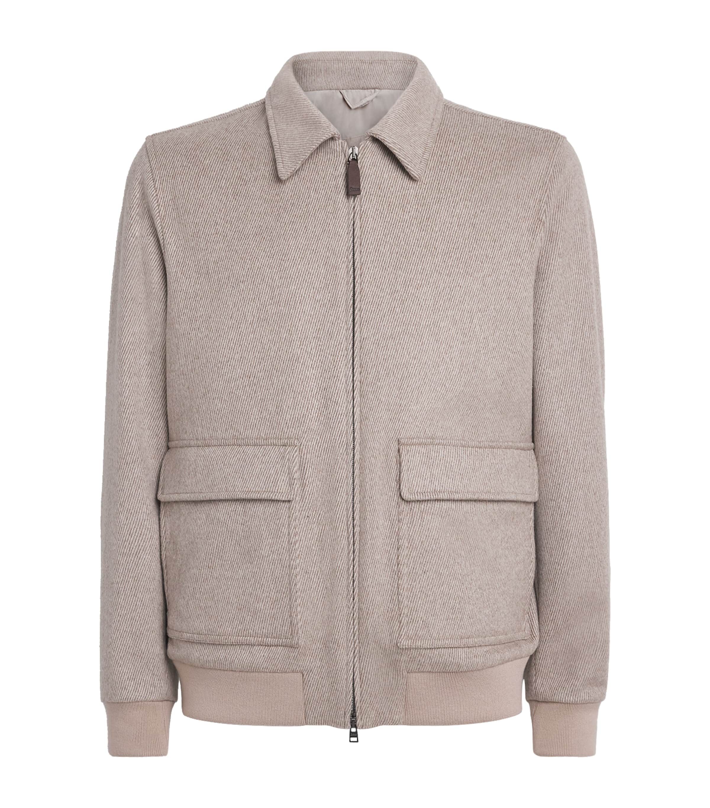 Herno Mens Wool-Cashmere Collar Bomber Jacket Taupe Image 1