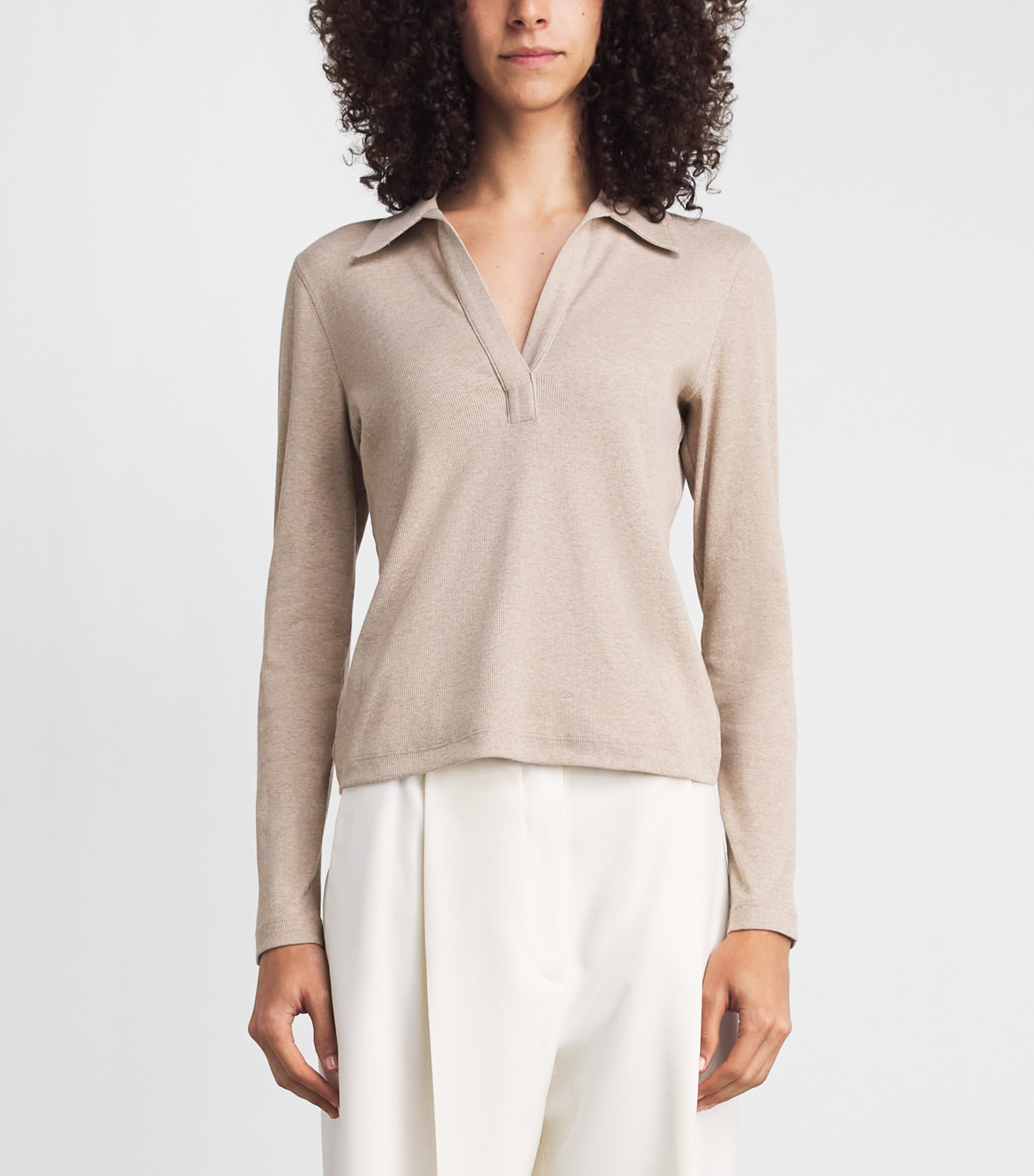 ME+EM Womens Ribbed Long-Sleeve Polo Sweater Pebble Brown Melange Image 4