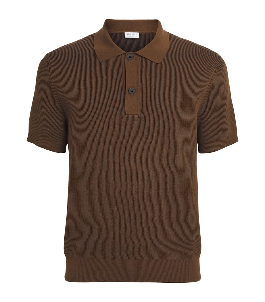 Sunspel Mens Cotton Rib-Knit Polo Shirt Brgu Bronze Image 1