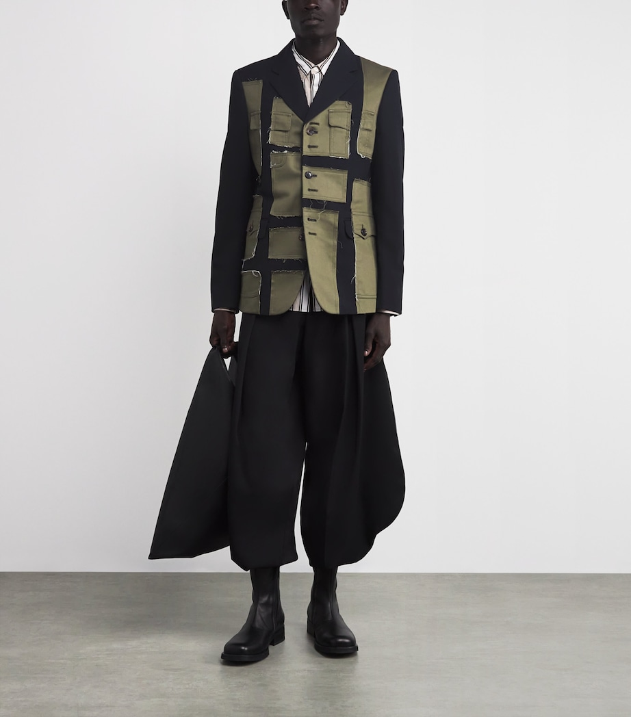 Wool Patchwork Blazer BLACK X KHAKI Image 2