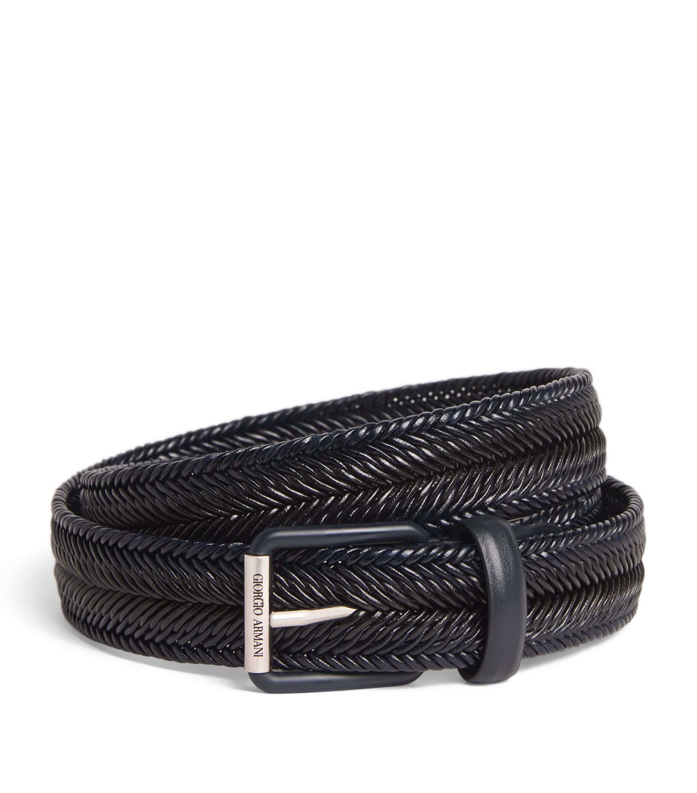 Giorgio Armani Leather Woven Rollerball Belt In Blue