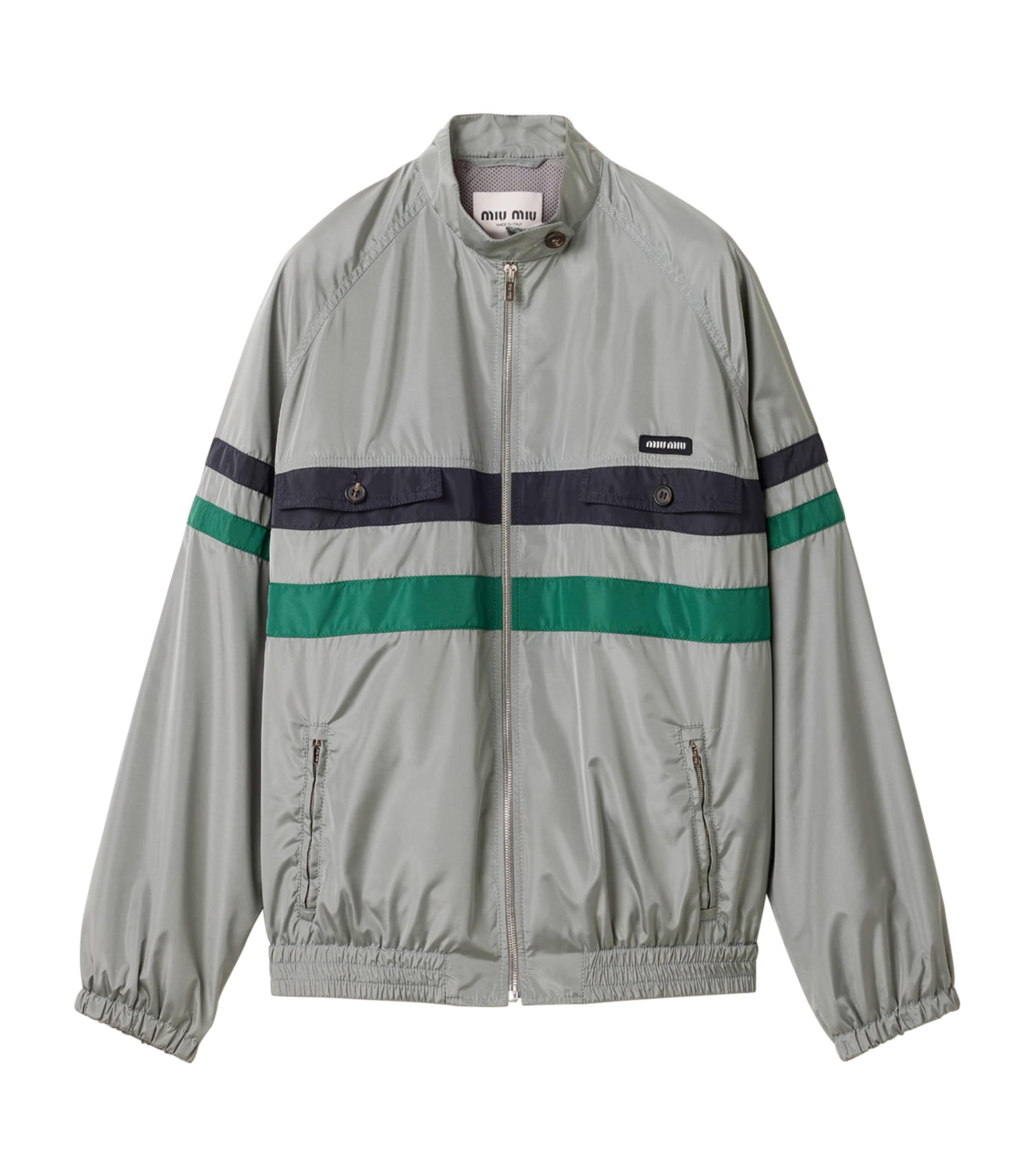 Miu Miu Womens Technical Silk Stripe Jacket Grey Image 1