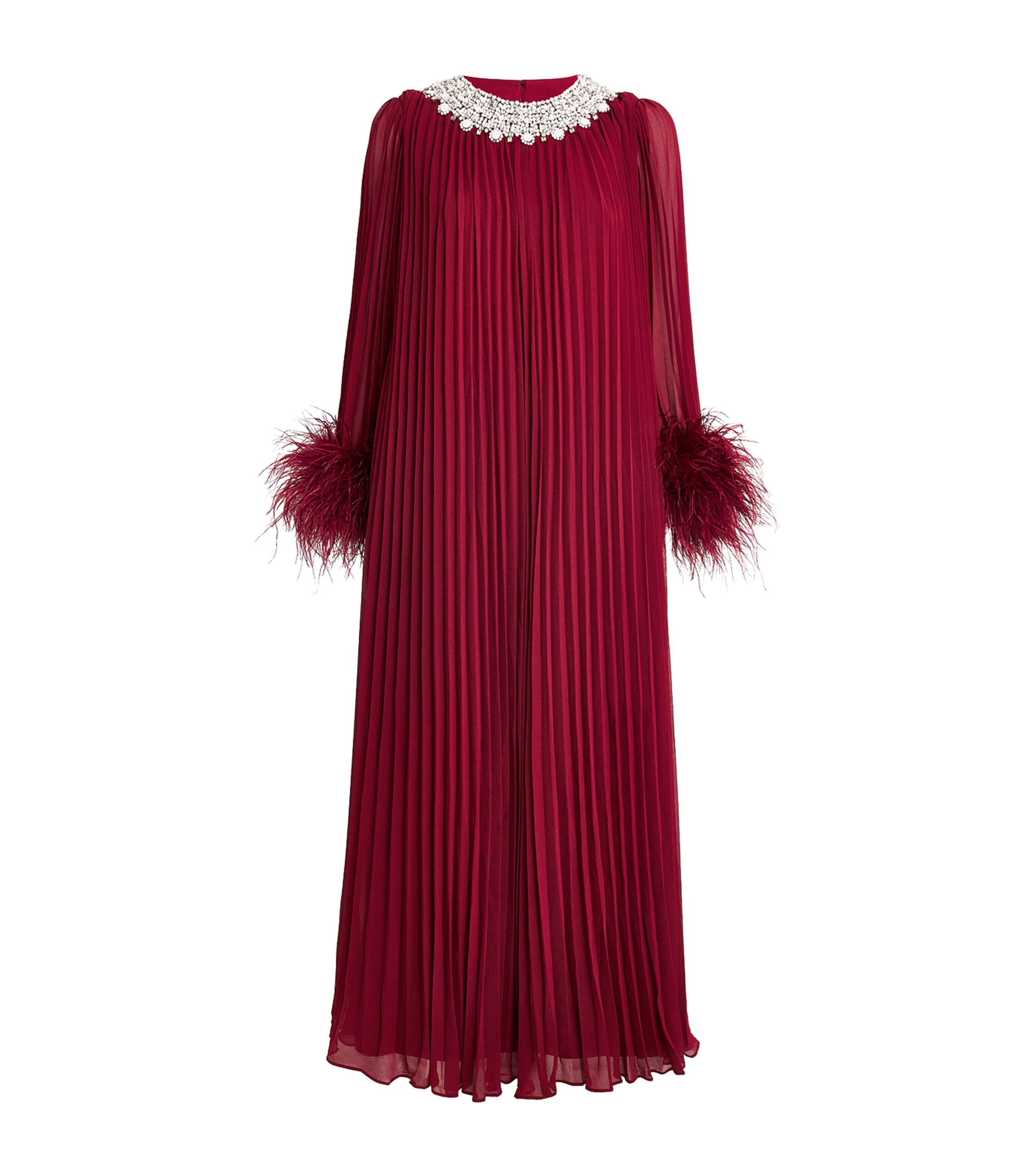 Self-portrait Embellished Feather-trimmed Chiffon Maxi Dress In Red