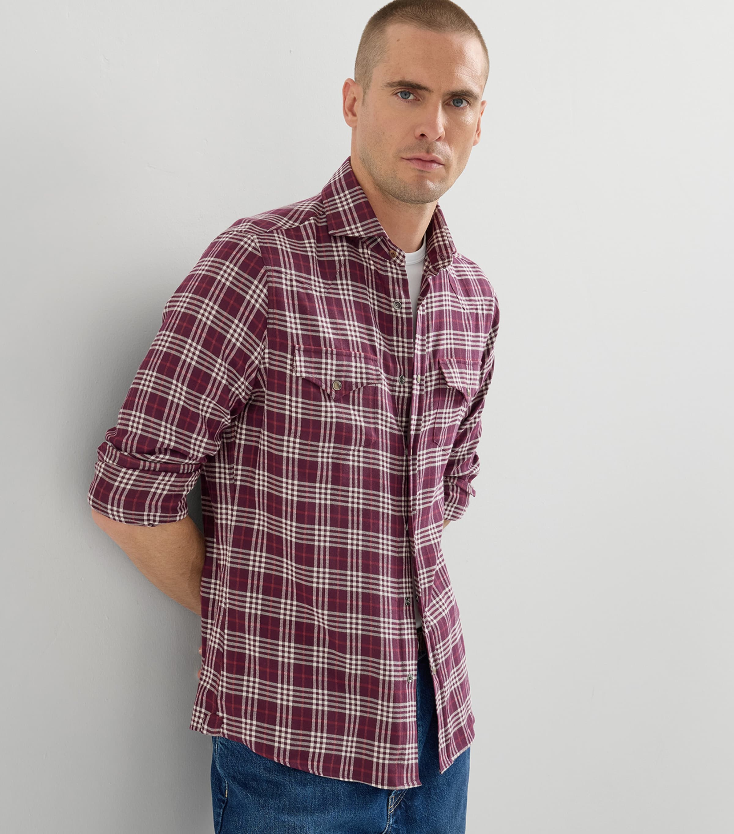 Brunello Cucinelli Mens Flannel Check Western Shirt Prugna Image 4