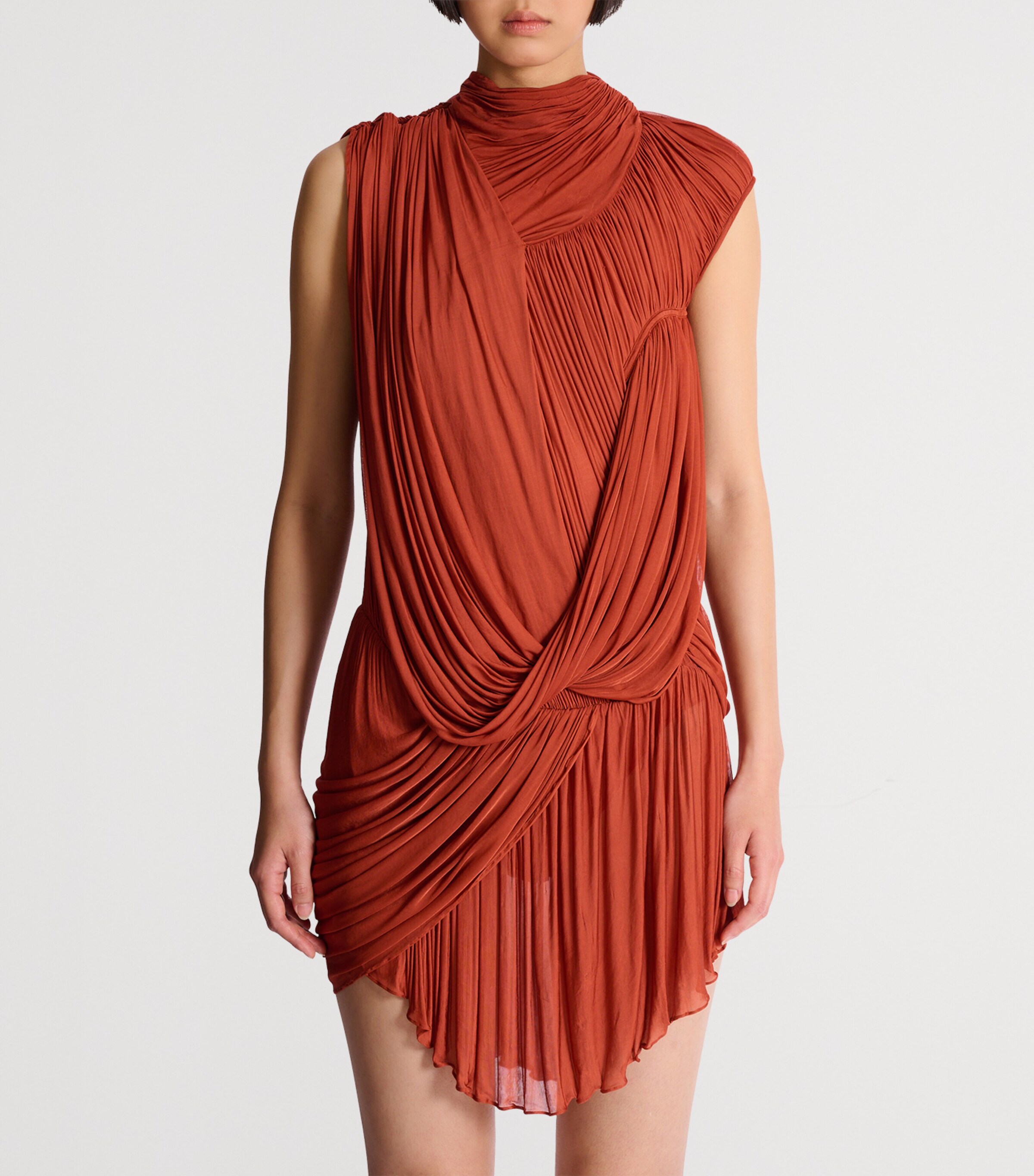 Balmain Womens Jersey Draped Mini Dress Rouge Ocre Image 2