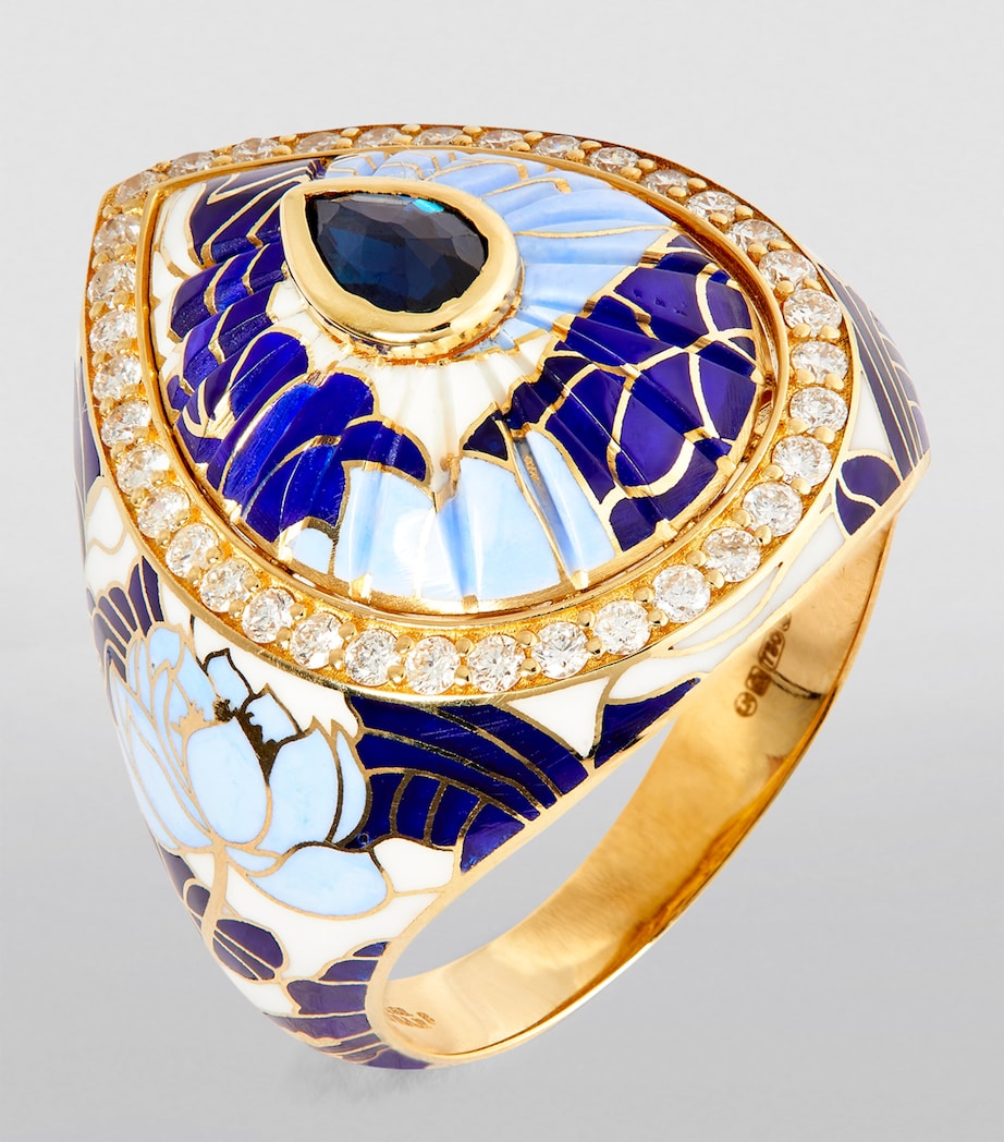 Yellow Gold and Diamond Chinoiserie Bond Ring BLUE WHITE Image 2