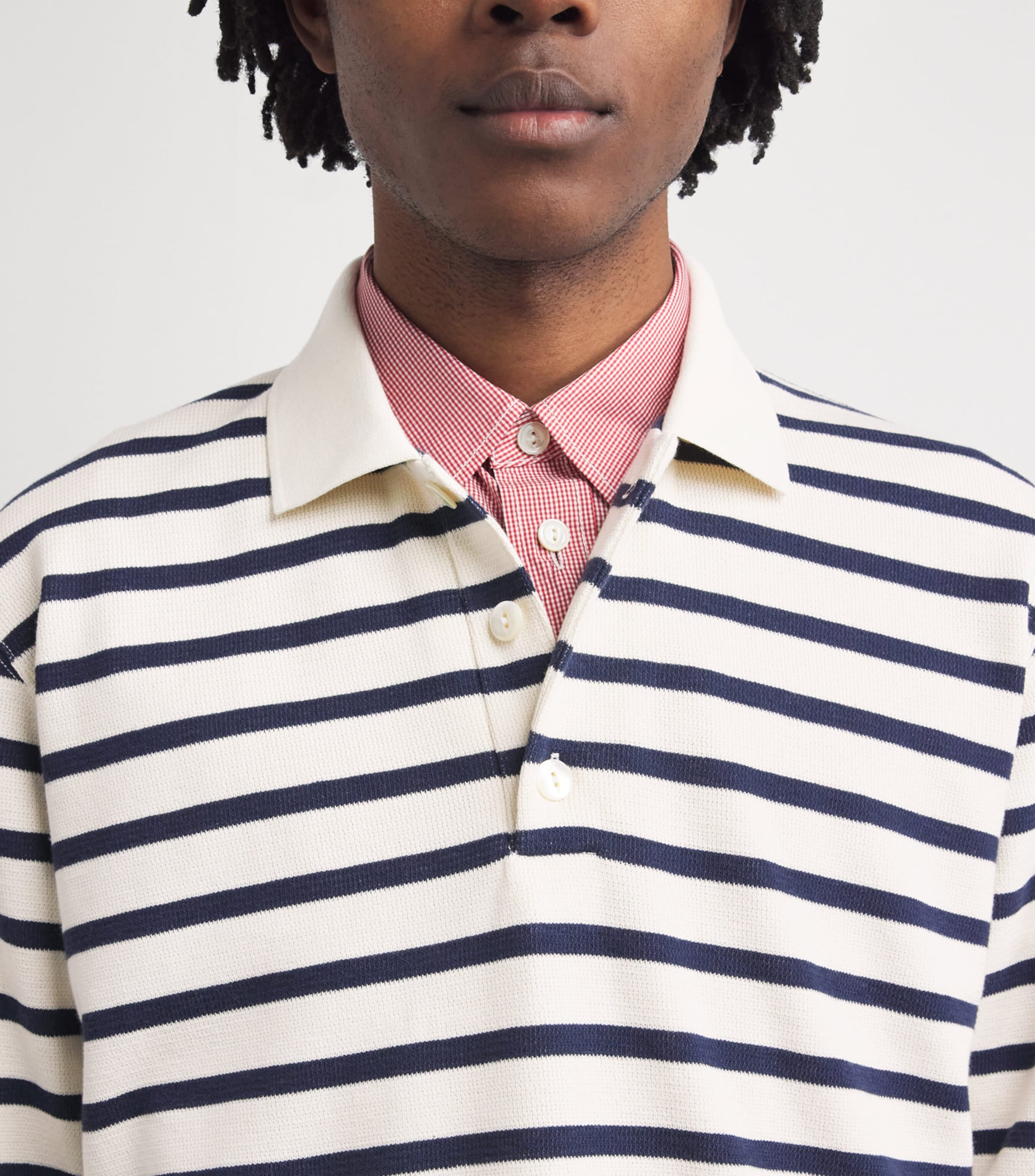 Junya Watanabe MAN Mens Cotton Stripe Polo Shirt Ntrl/navy Image 3