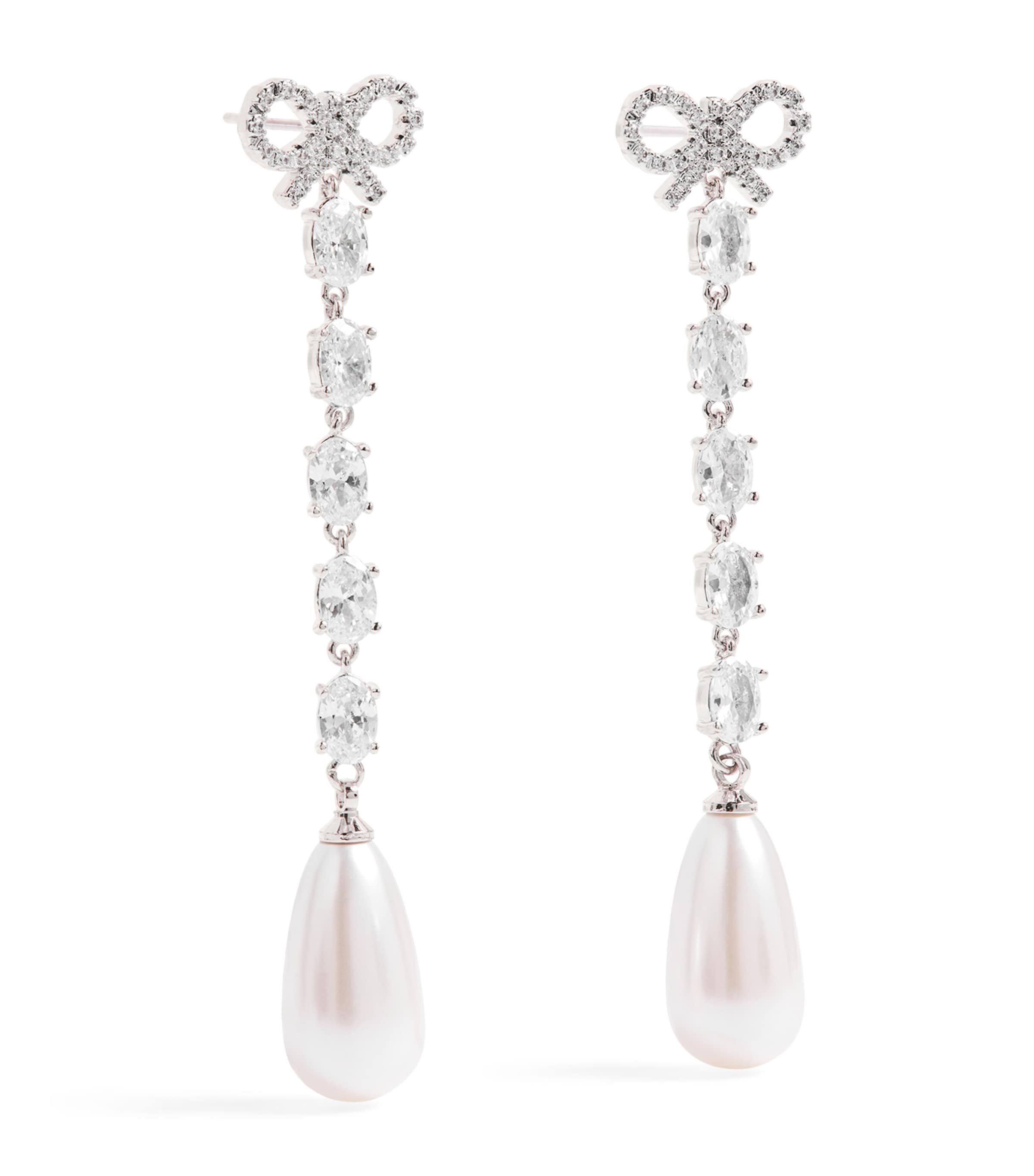 Self-portrait Crystal And Faux Pearl Bow Drop Earrings In Metallic