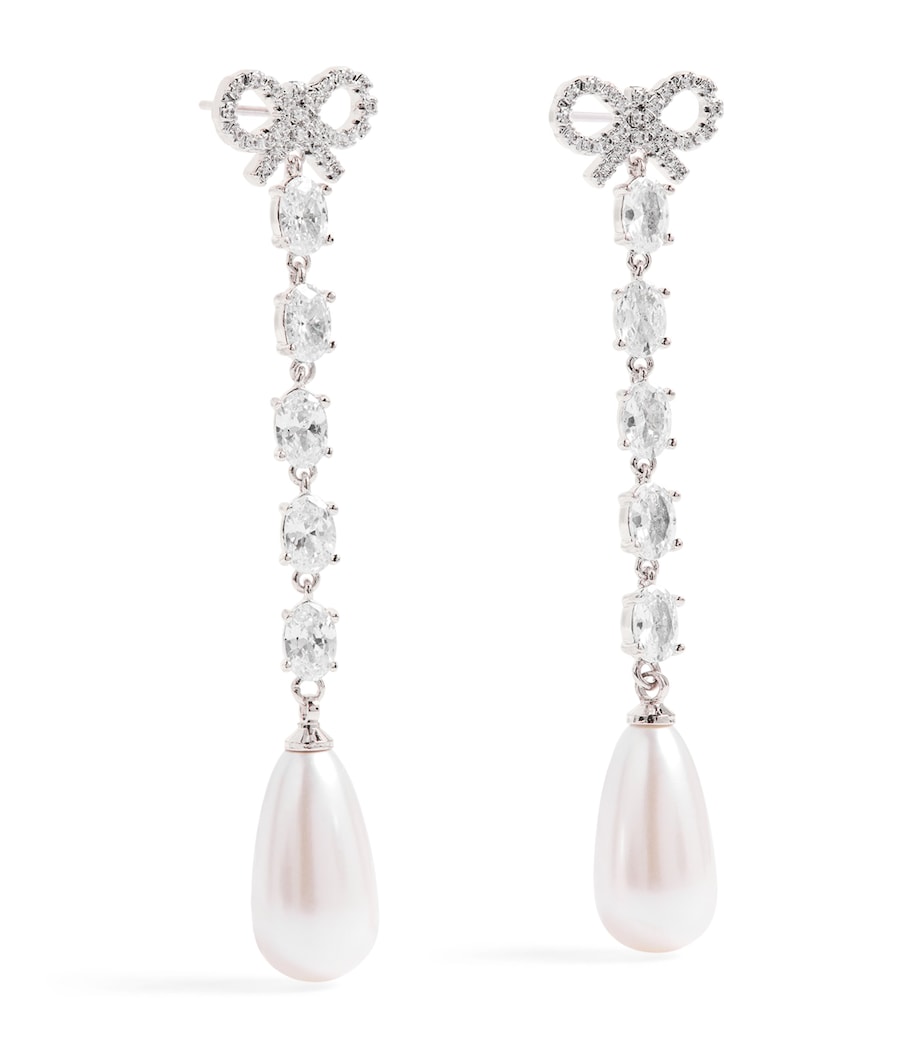 Crystal and Faux Pearl Bow Drop Earrings SILVER Image 1