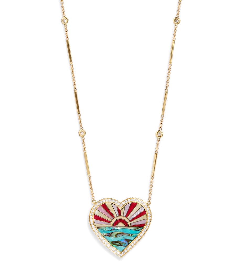 Yellow Gold, Diamond, Turquoise and Pearl Coral Sunshine Heart Necklace YELLOW GOLD Image 1