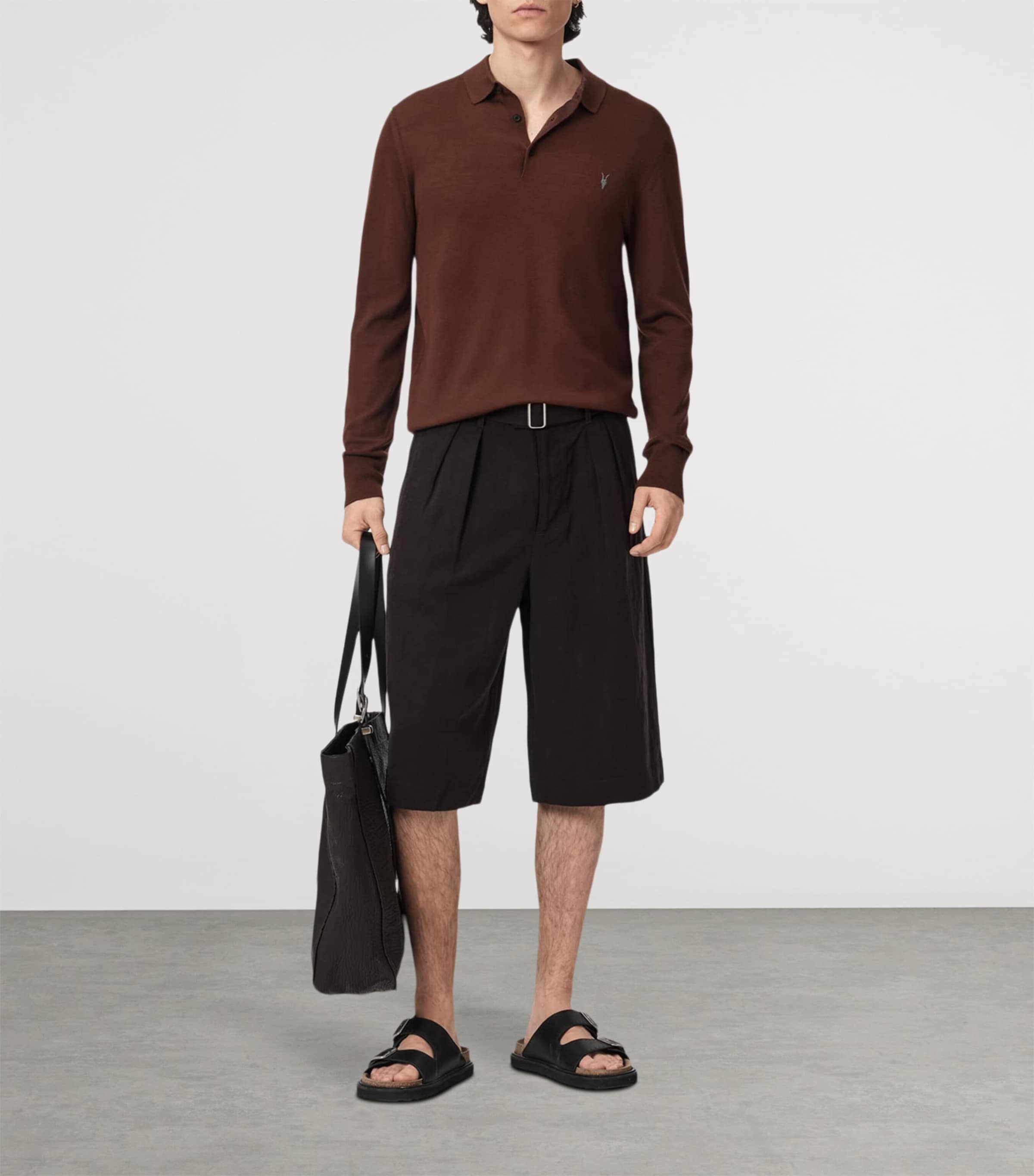 AllSaints Mens Merino Wool Mode Polo Shirt Hot Choc Brown Image 5