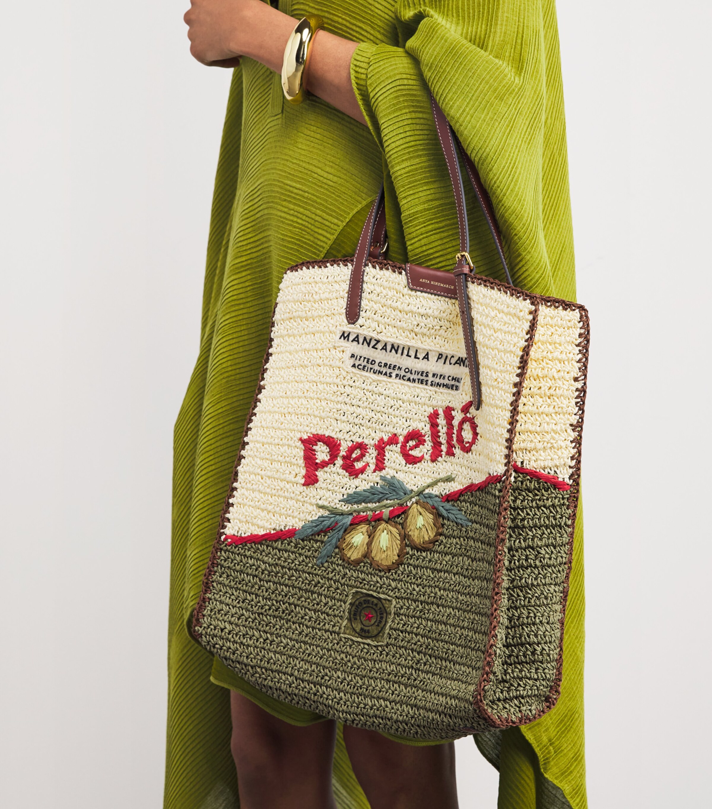 Anya Hindmarch Large Leather-Raffia Olives Tote Bag Chalk Paper Raffia Image 2