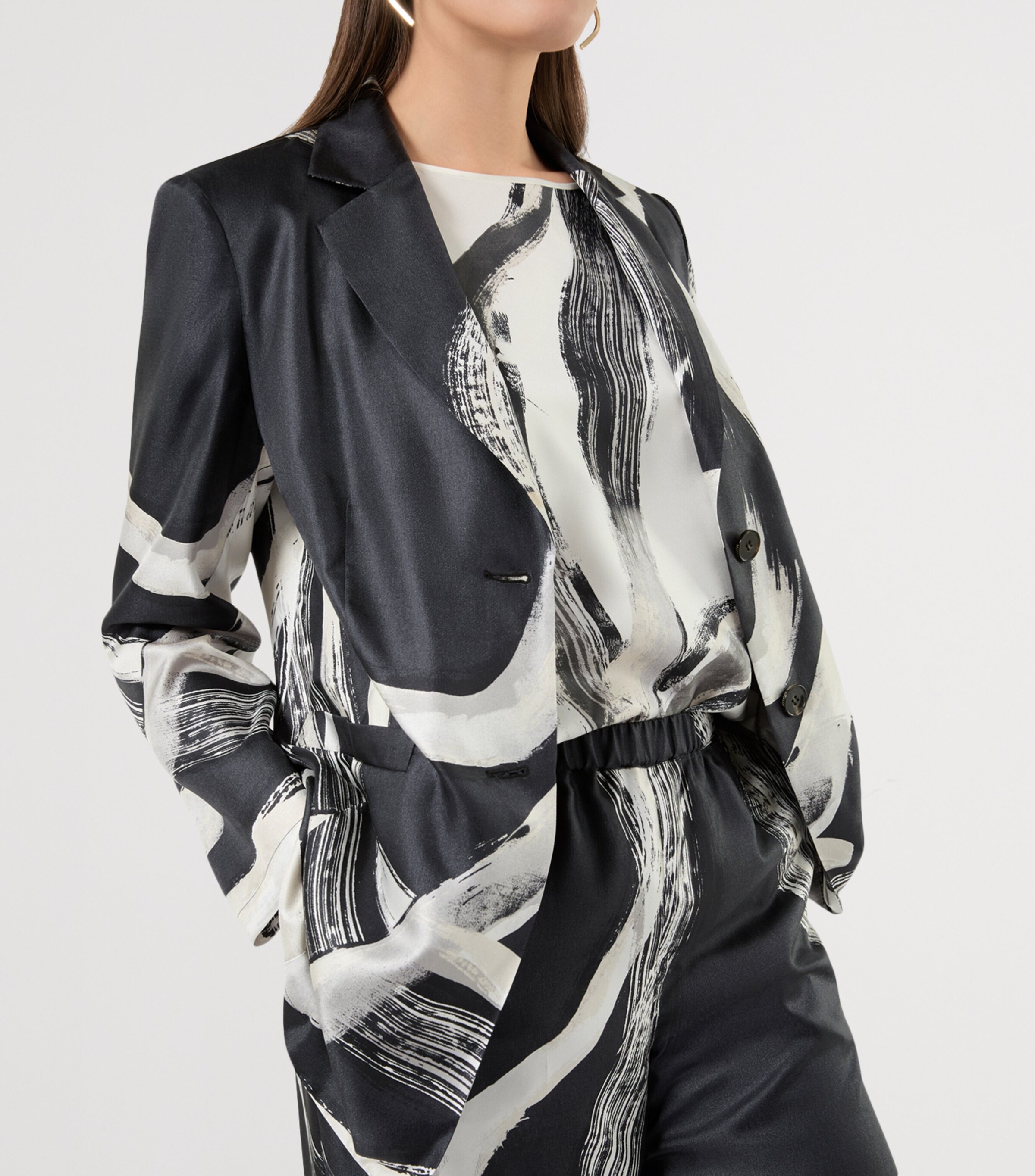 Marina Rinaldi Womens Silk Printed Blazer Black White Image 5
