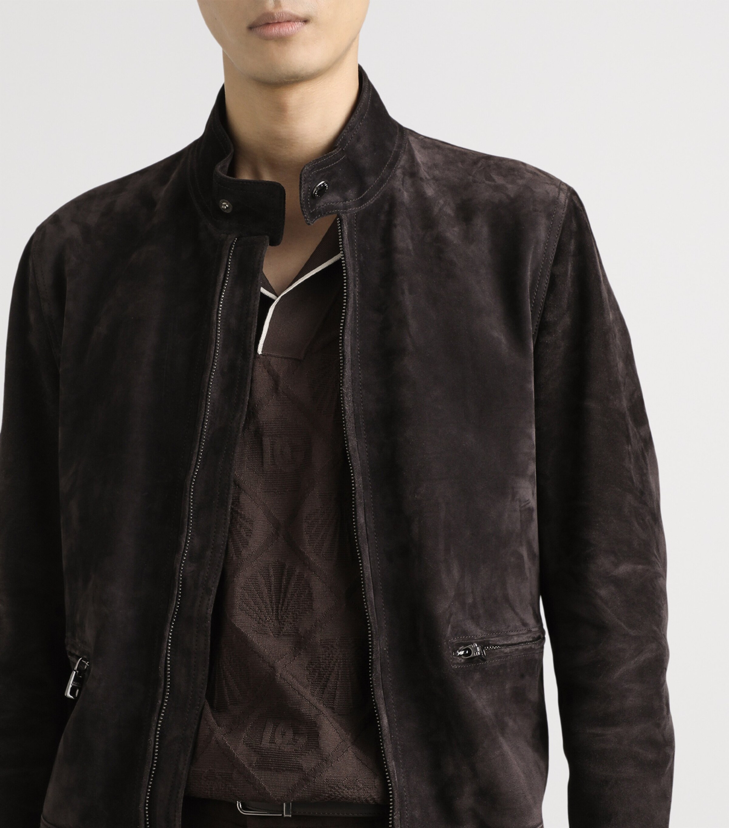 Dolce&Gabbana Mens Calfskin Suede Biker Jacket Deep Brown Image 3