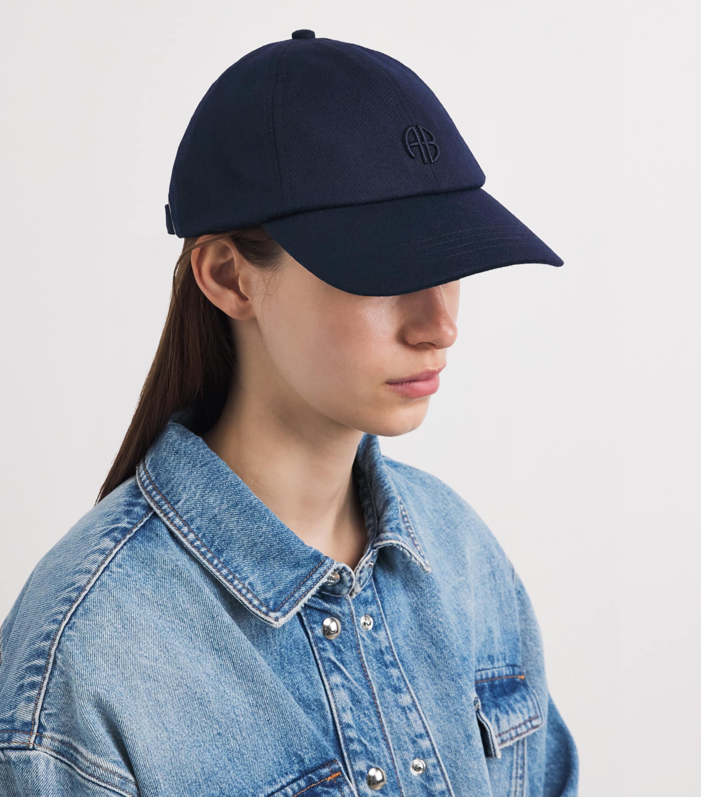 ANINE BING Embroidered Jeremy Baseball Cap Navy Wool Image 2