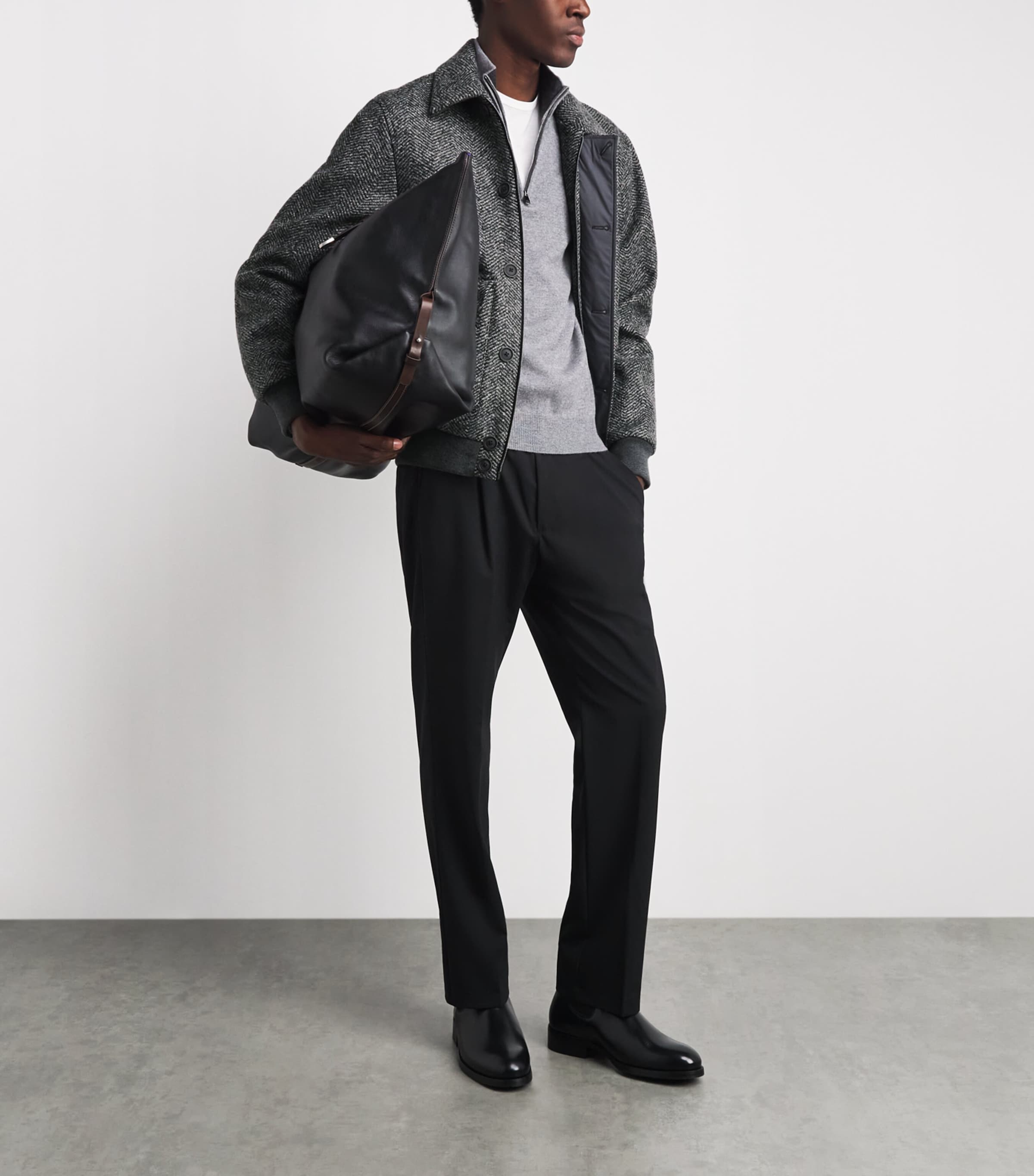 Herno Mens Virgin Wool Herringbone Bomber Jacket Antracite Image 2