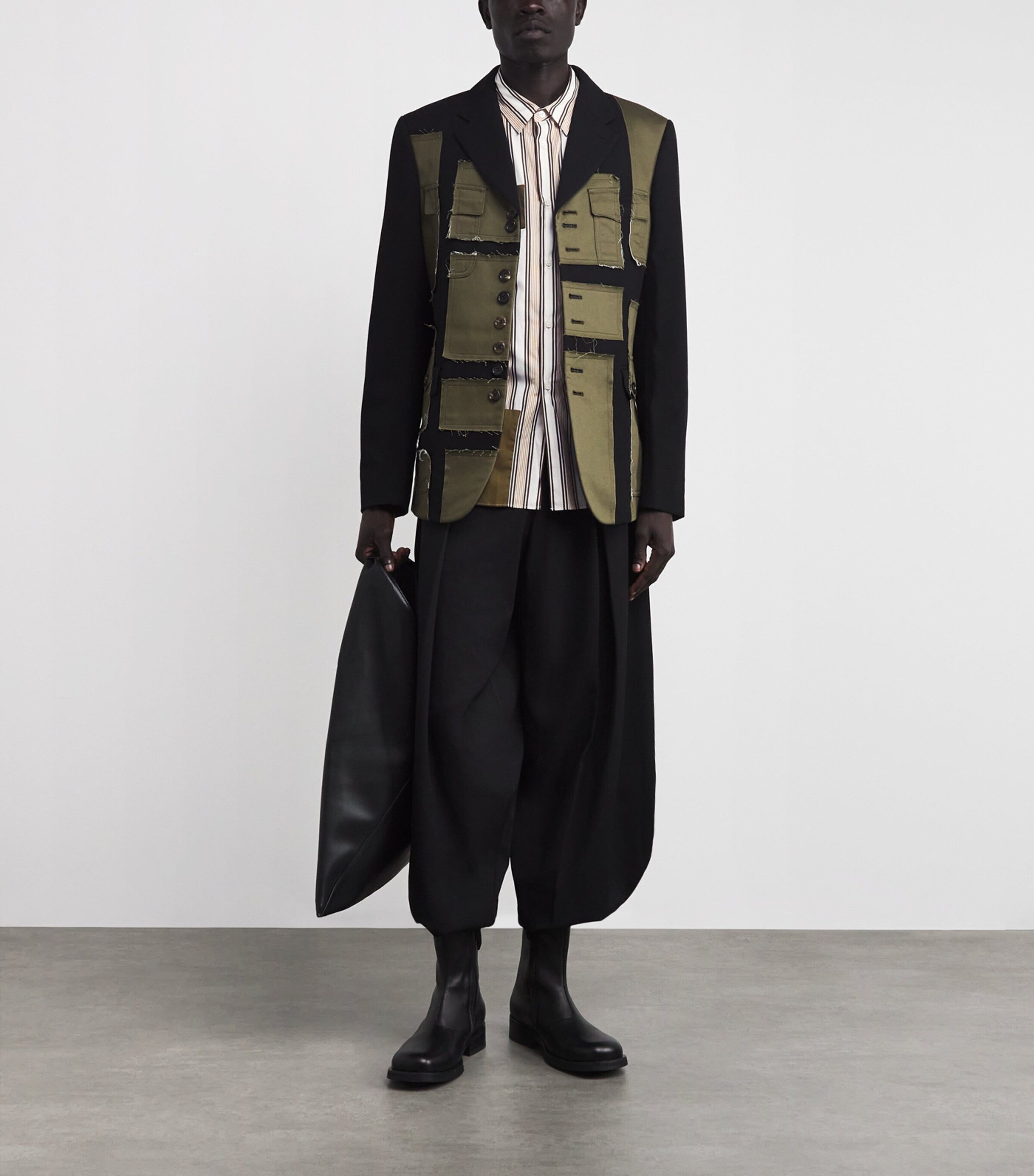 Comme Des Garçons Homme Plus Mens Cotton Patchwork Stripe Shirt Wht/brwn X Khaki Image 2