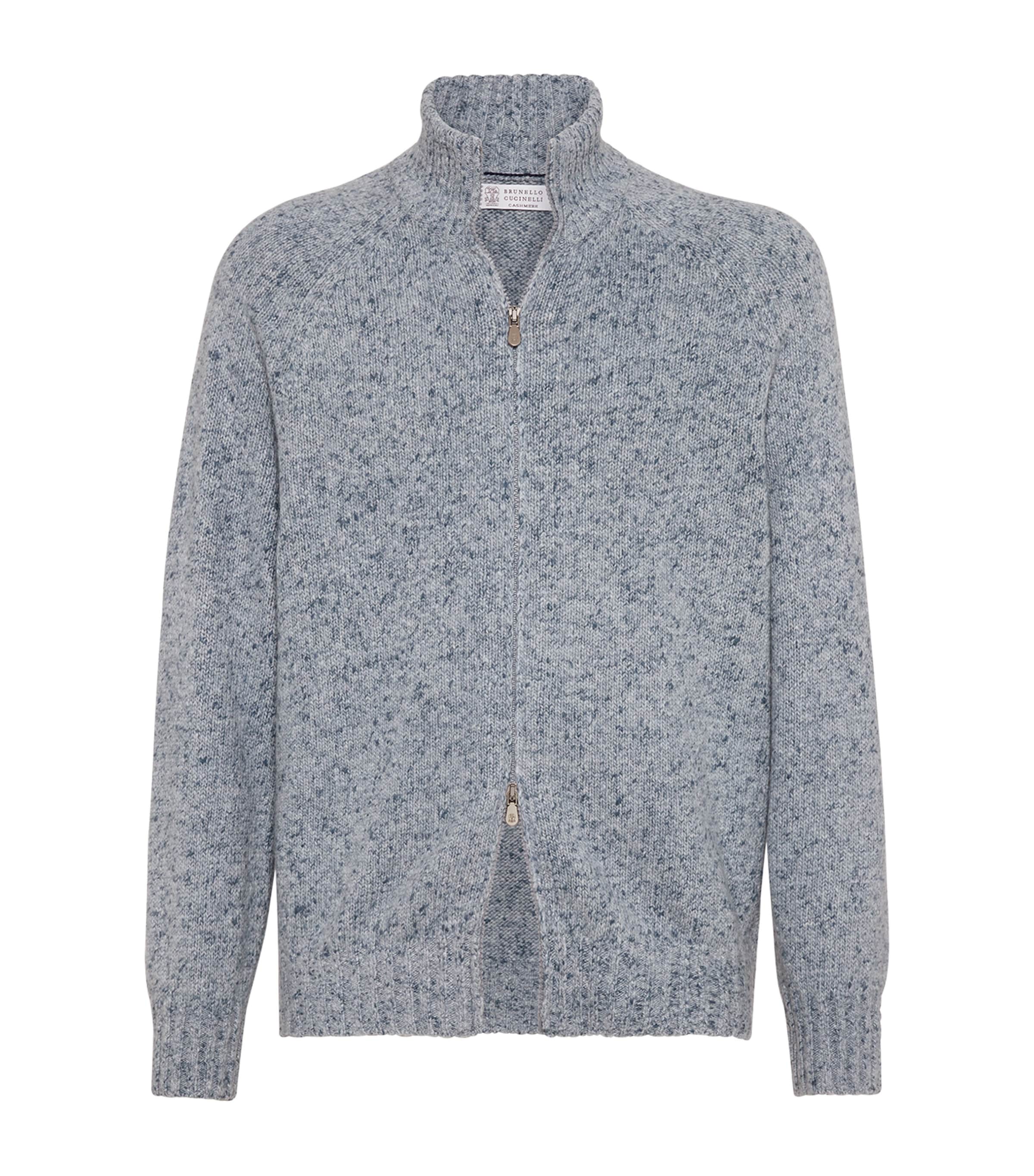 Brunello Cucinelli Cashmere Stand-up Collar Cardigan With Textured Knit In Blue