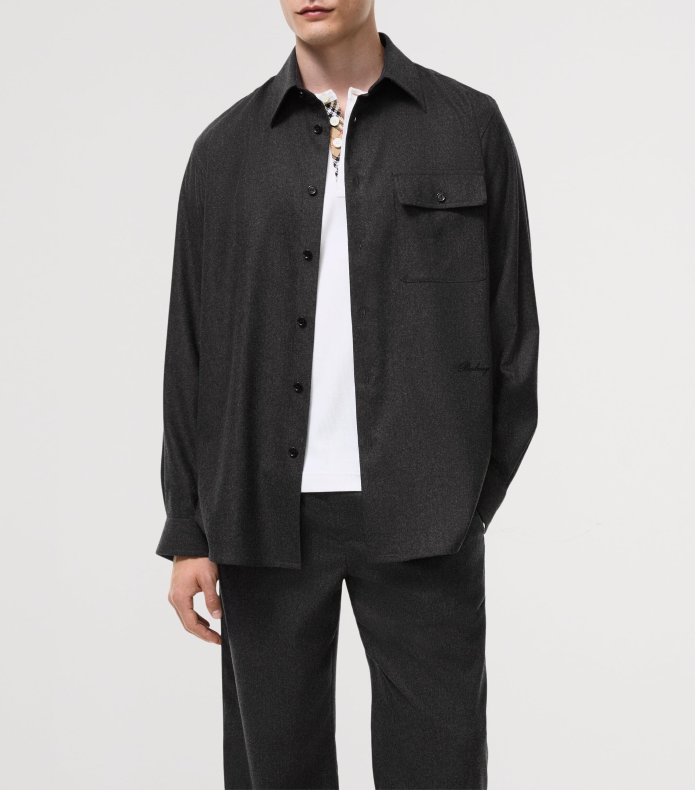 Burberry Mens Wool-Cashmere Overshirt Lead Grey Melange Image 2