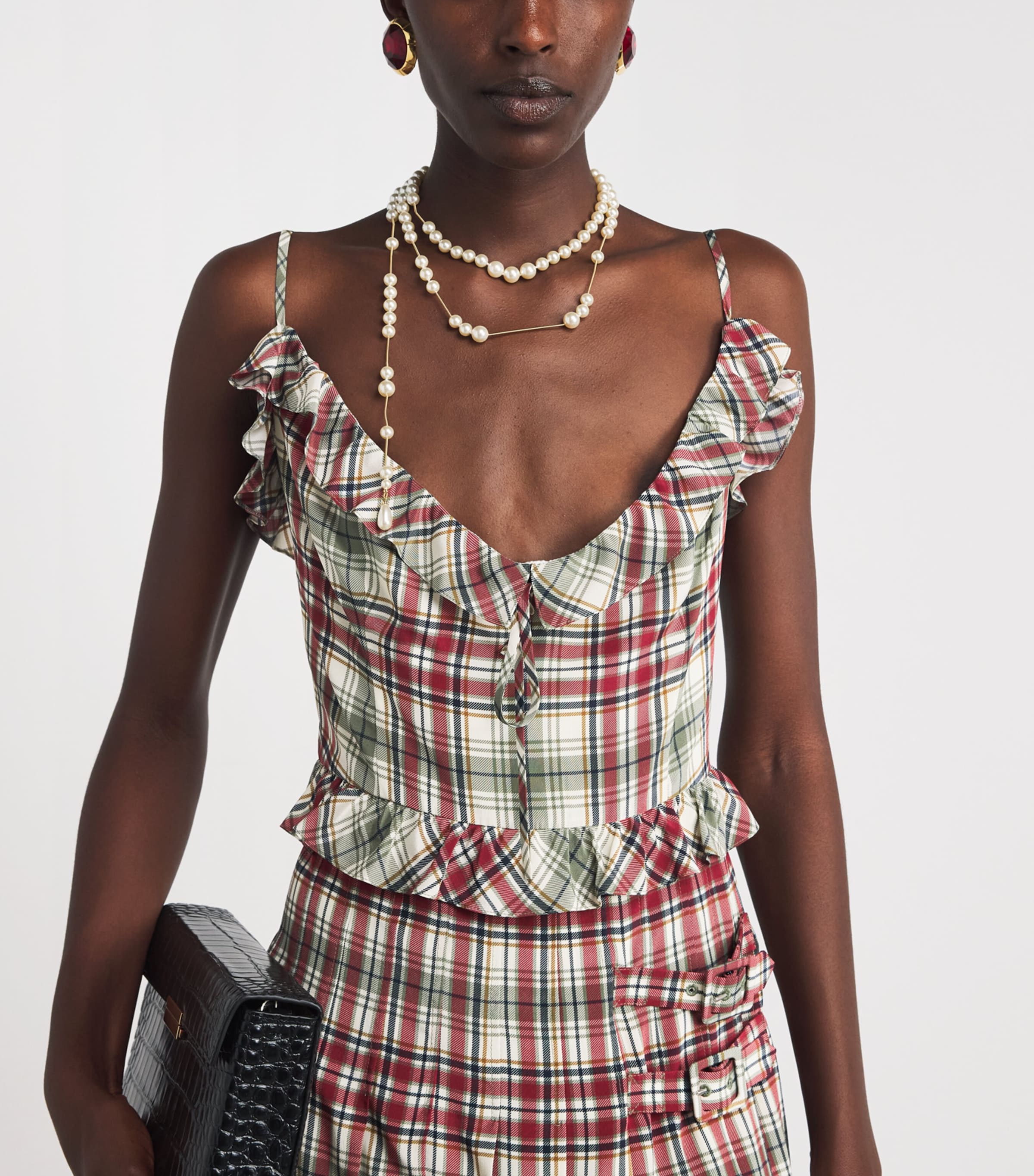 Alessandra Rich Womens Silk Check Ruffled Midi Dress Green Red Image 3
