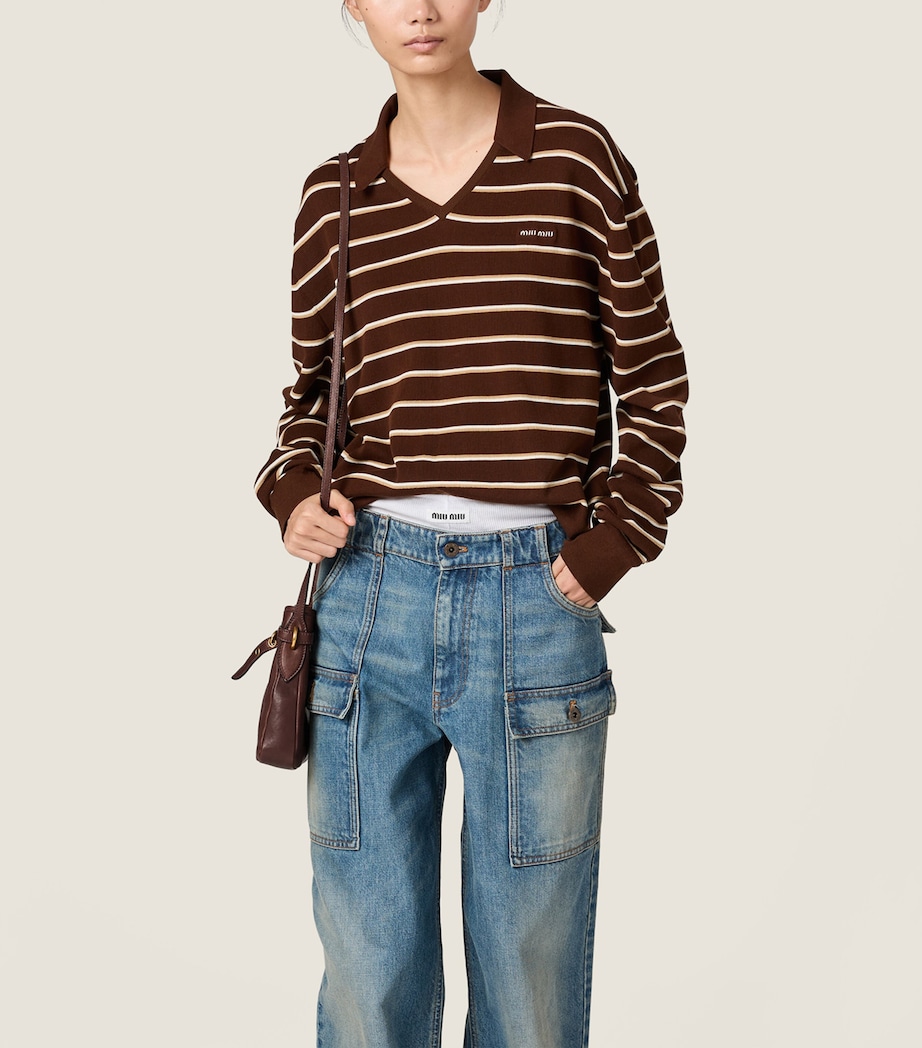 Miu Miu Womens Cotton-Blend Stripe Polo Sweater Brown Image 5