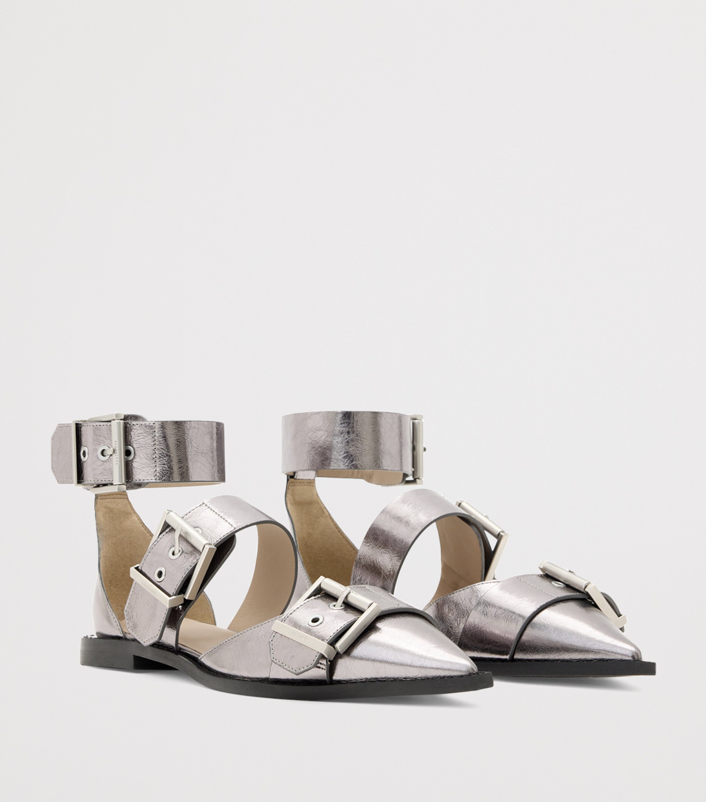 AllSaints Metallic Leather Sutton Ballet Flats Gunmetal Grey Image 3