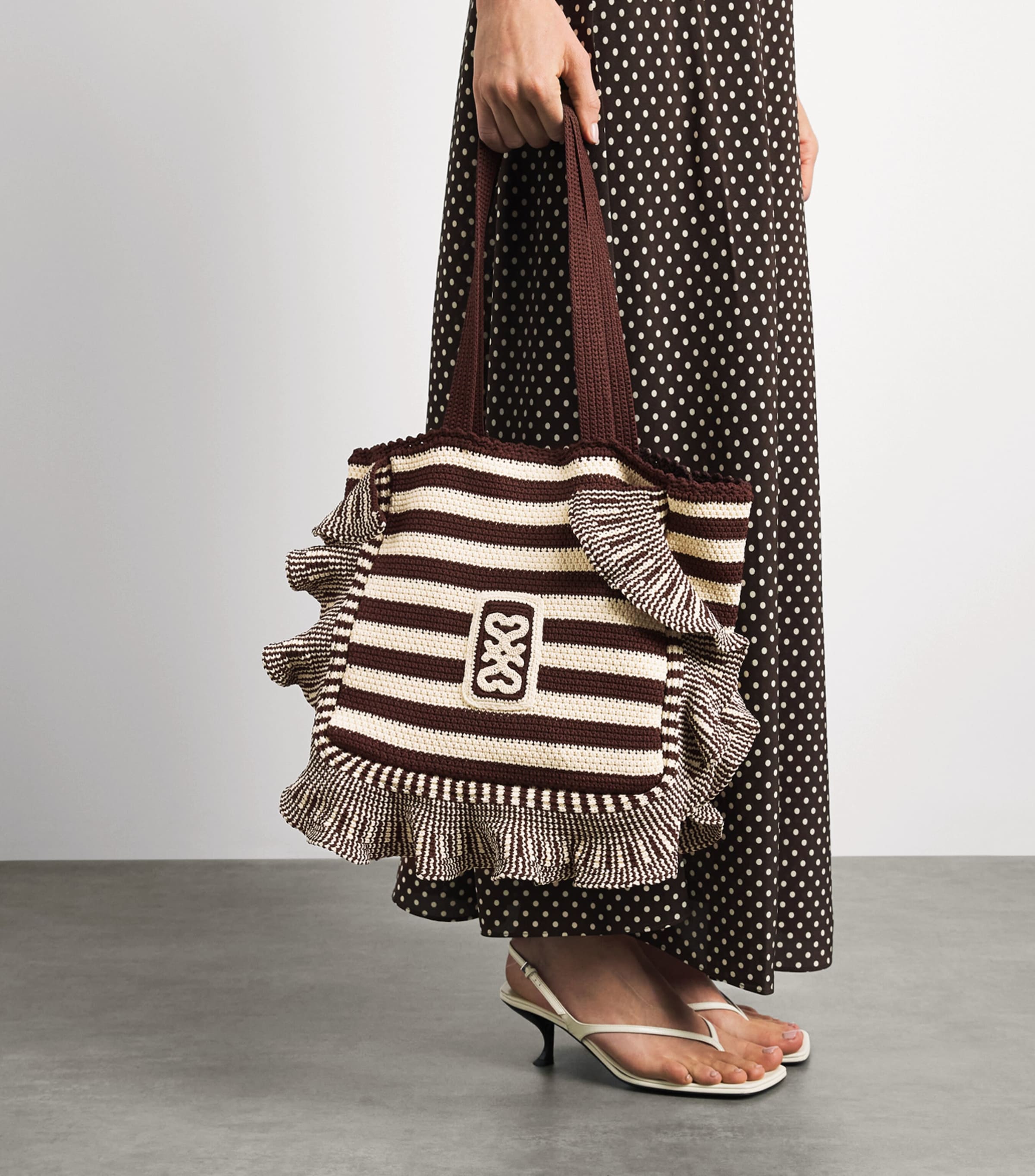 Sandro Paris Crochet Stripe Tote Bag Ecru / Brown Image 4