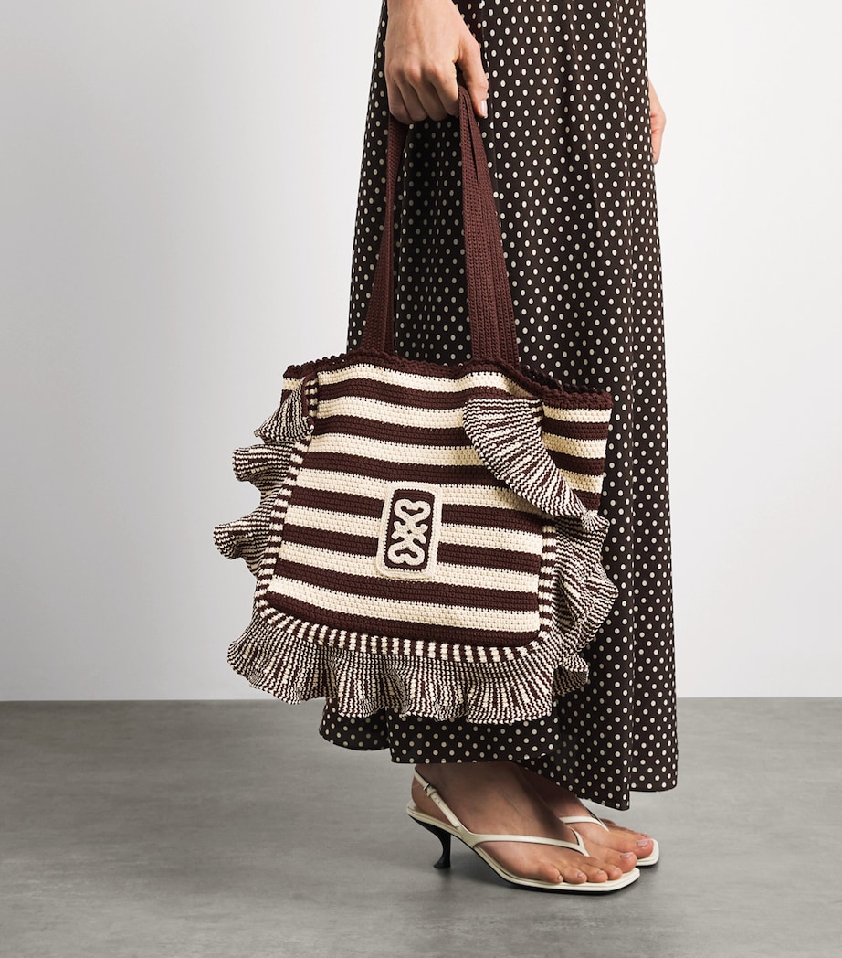 Sandro Paris Crochet Stripe Tote Bag Ecru / Brown Image 4