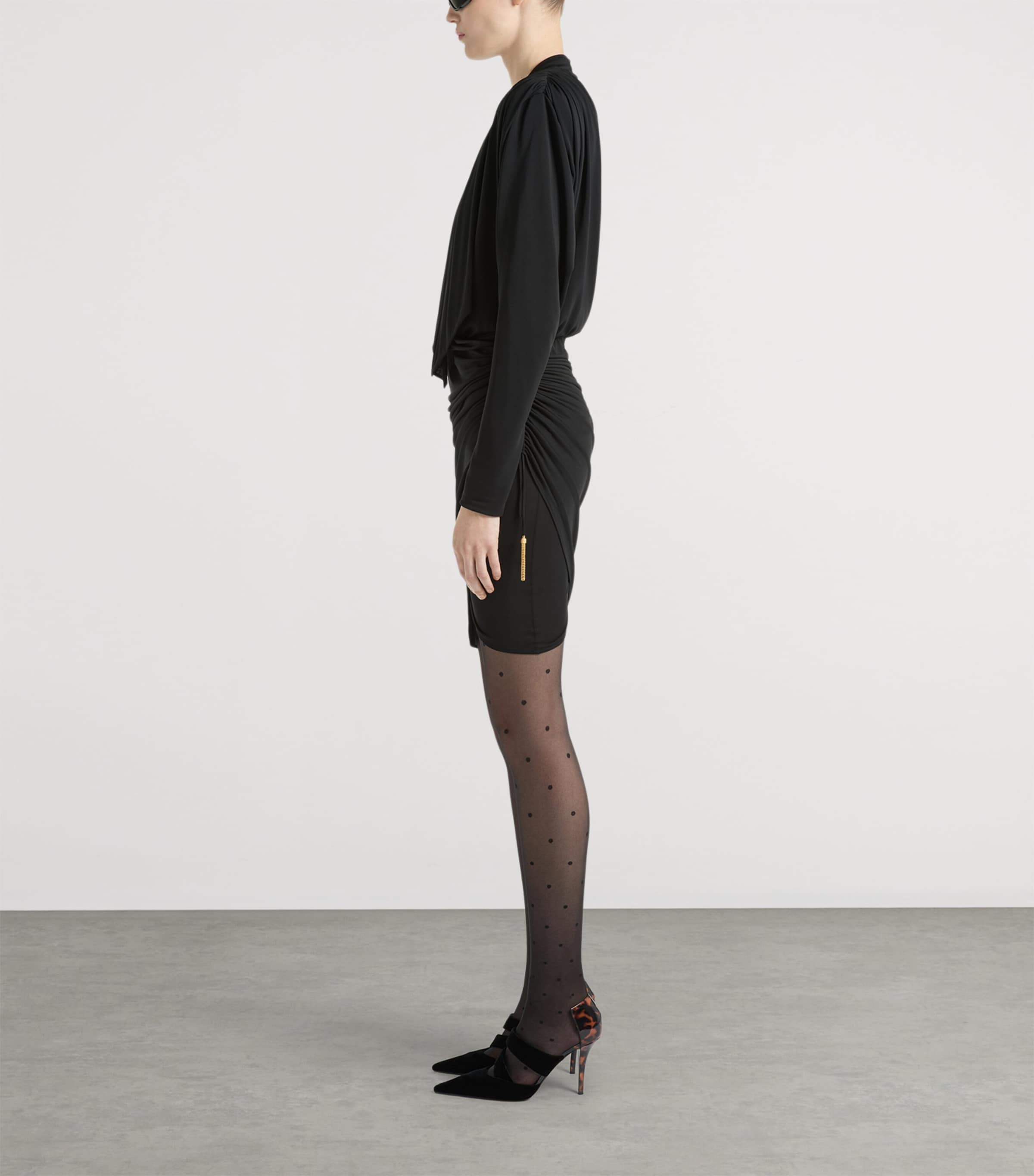 Balmain Womens Draped Long-Sleeve Mini Dress Noir Image 4