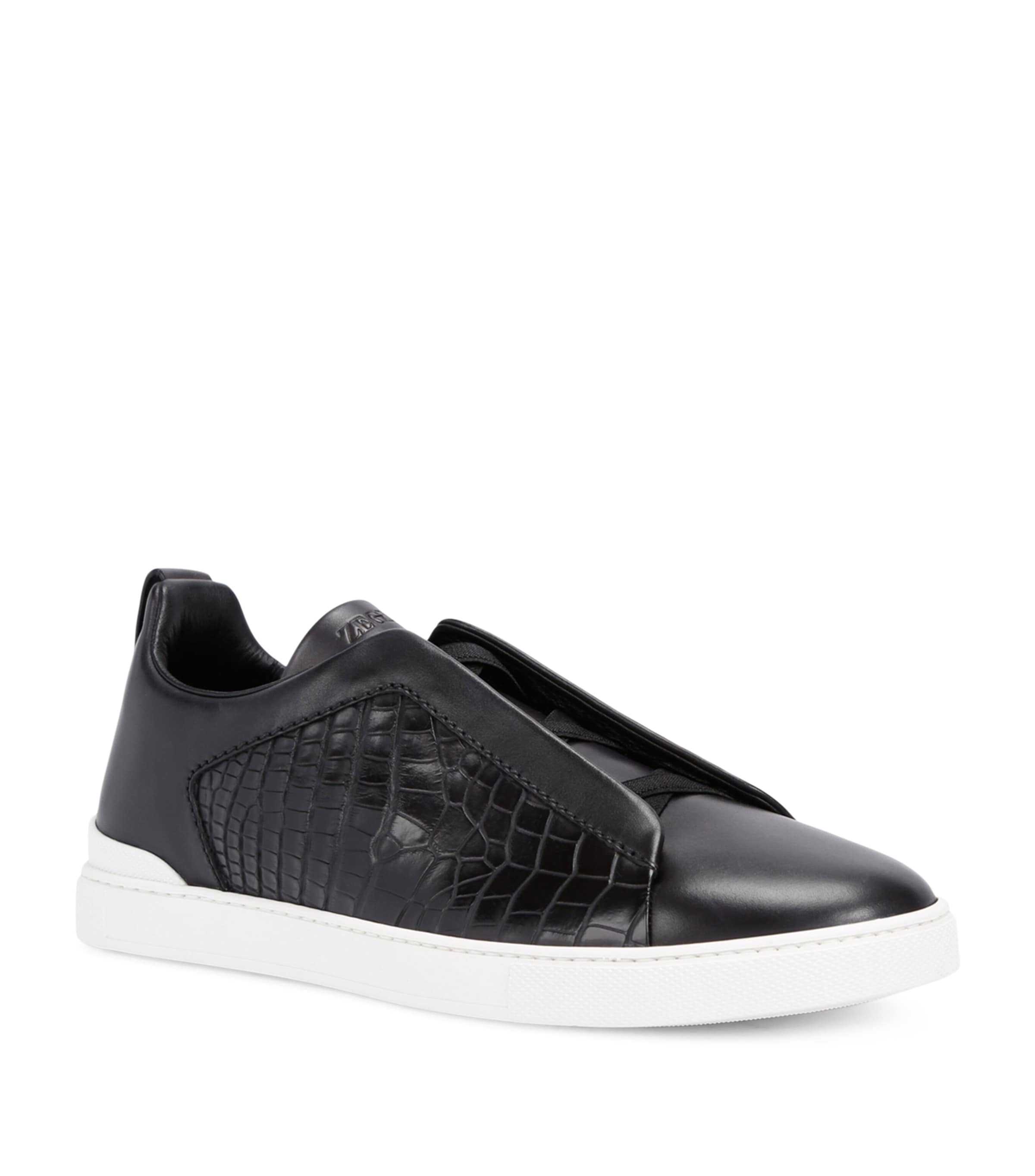 Zegna Crocodile Leather Triple Stitch Sneakers Blk/white Image 1