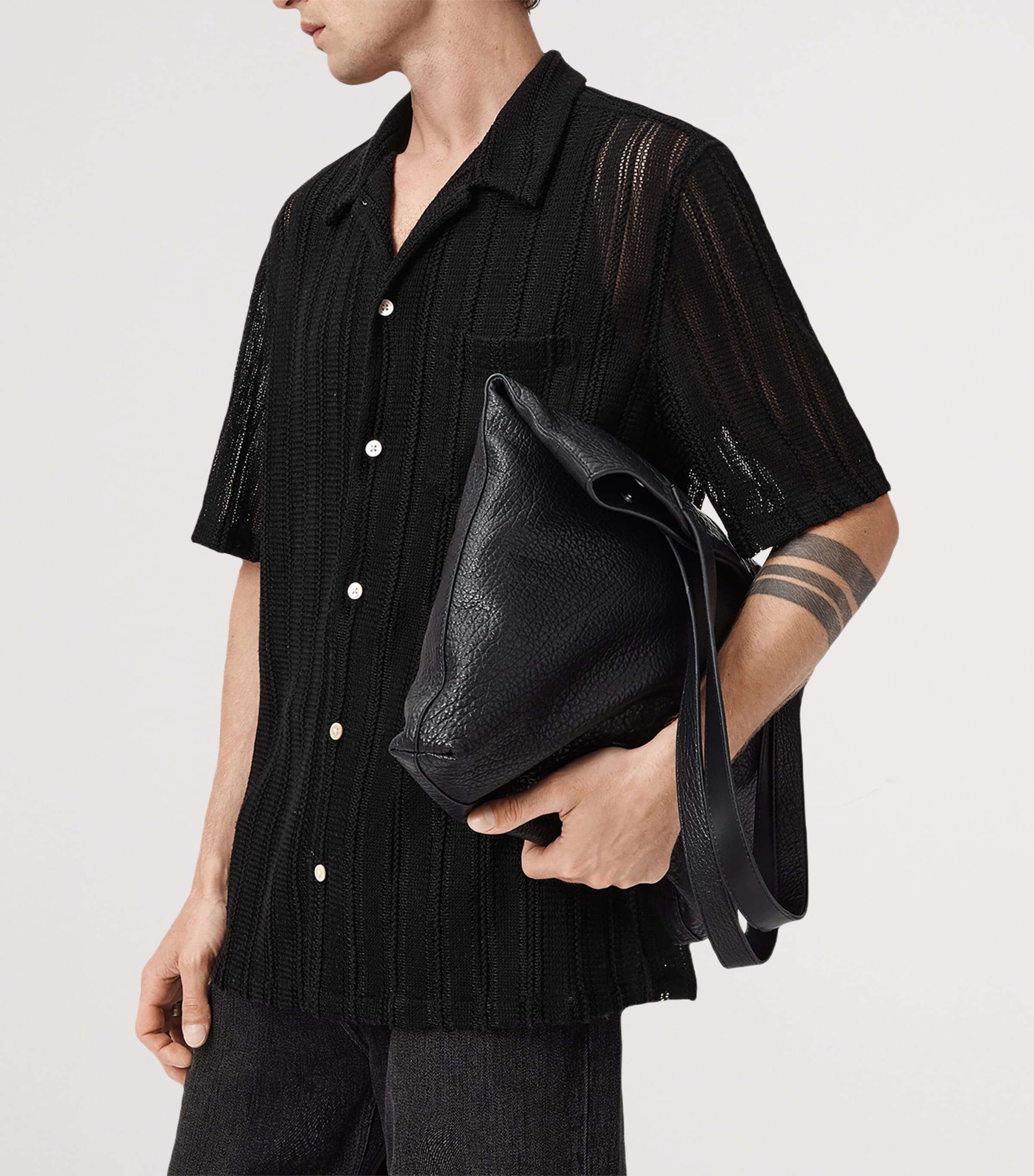 AllSaints Mens Open-Knit Sylvan Shirt Jet Black Image 4