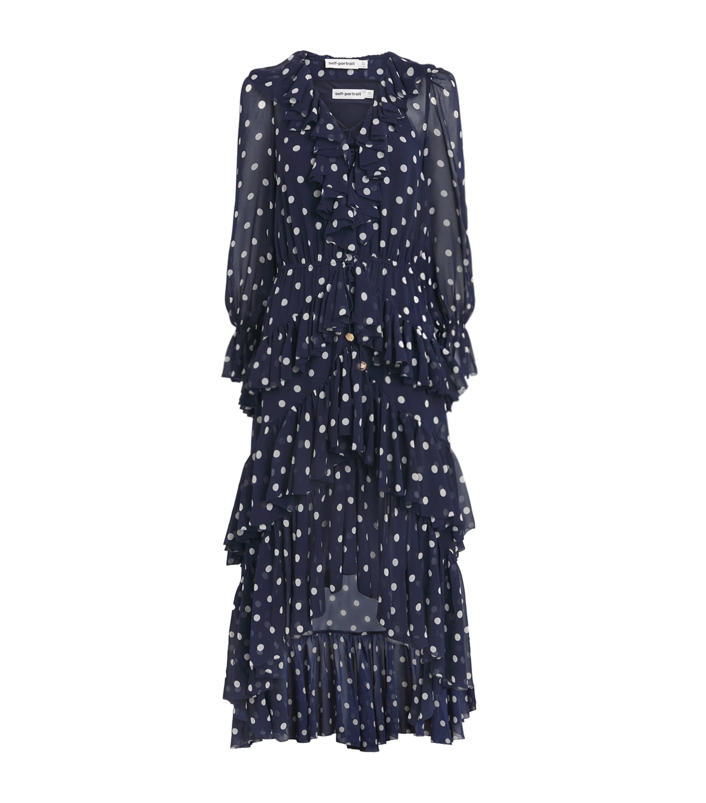 Self-Portrait Womens Tiered Polka-Dot Midi Dress Navy Image 1