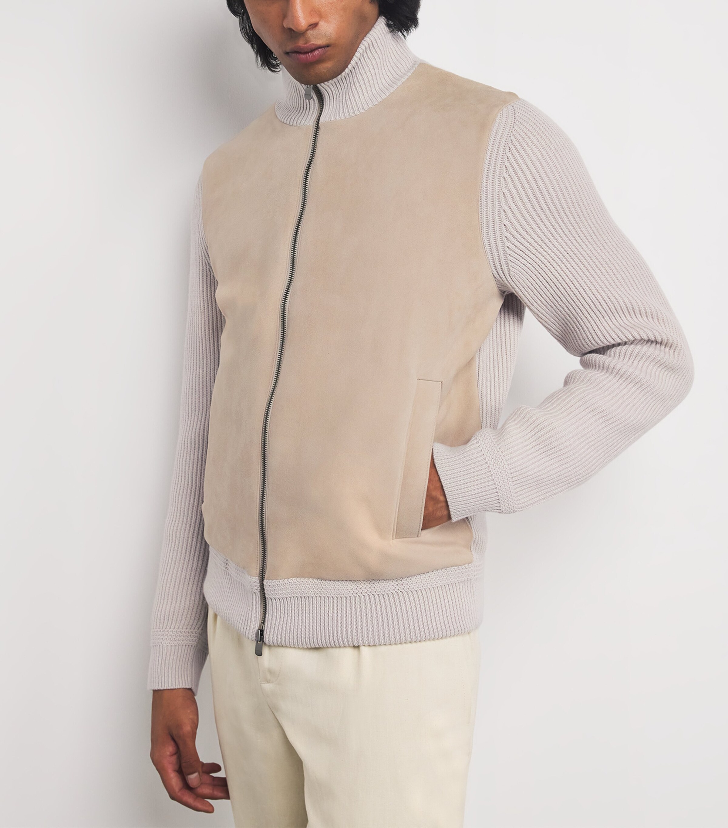 Agnona Mens Cashmere Suede-Front Bomber Jacket Beige Moon Image 6