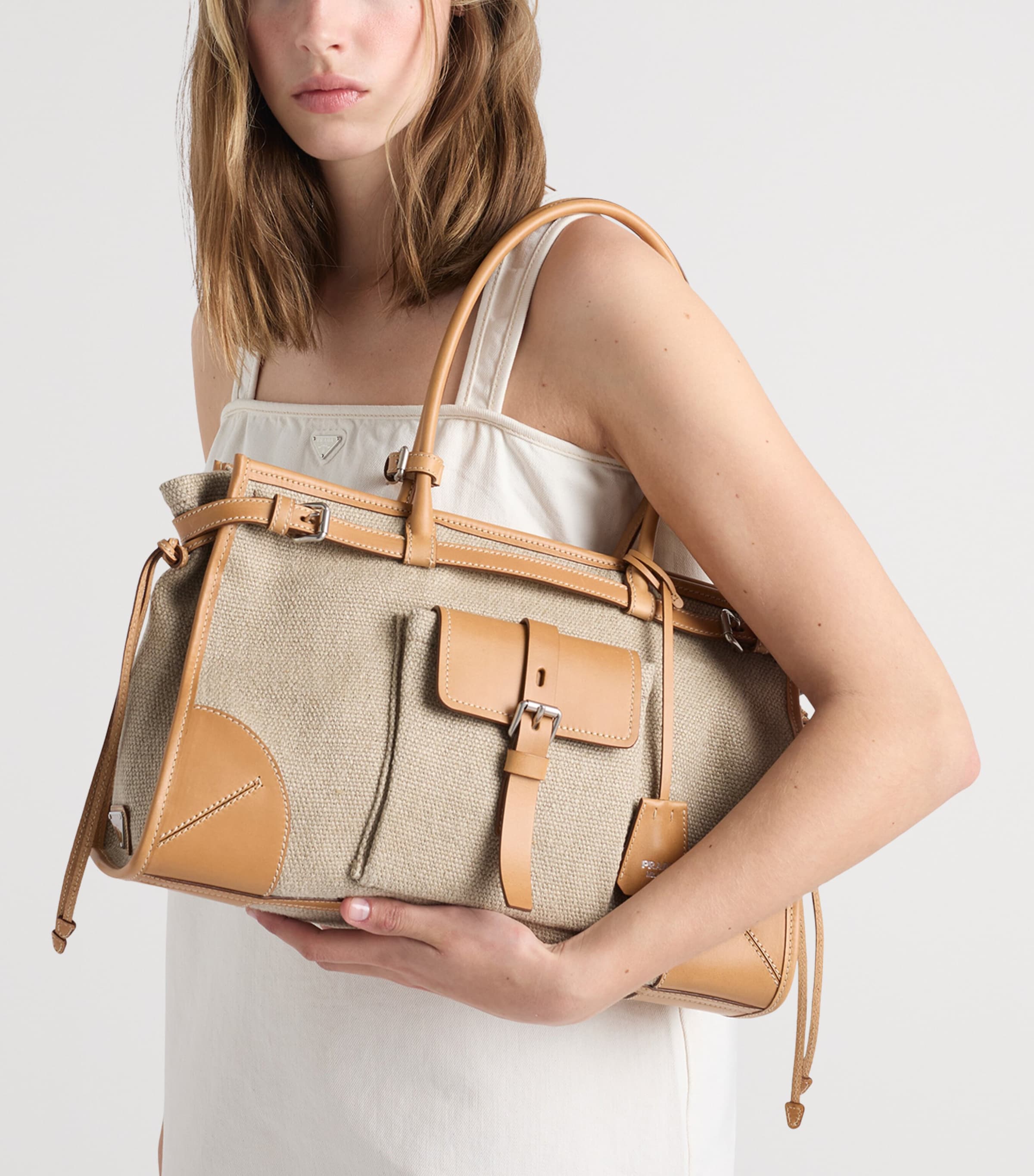 Prada Womens Small Linen Bonnie Shoulder Bag Neutral Image 2