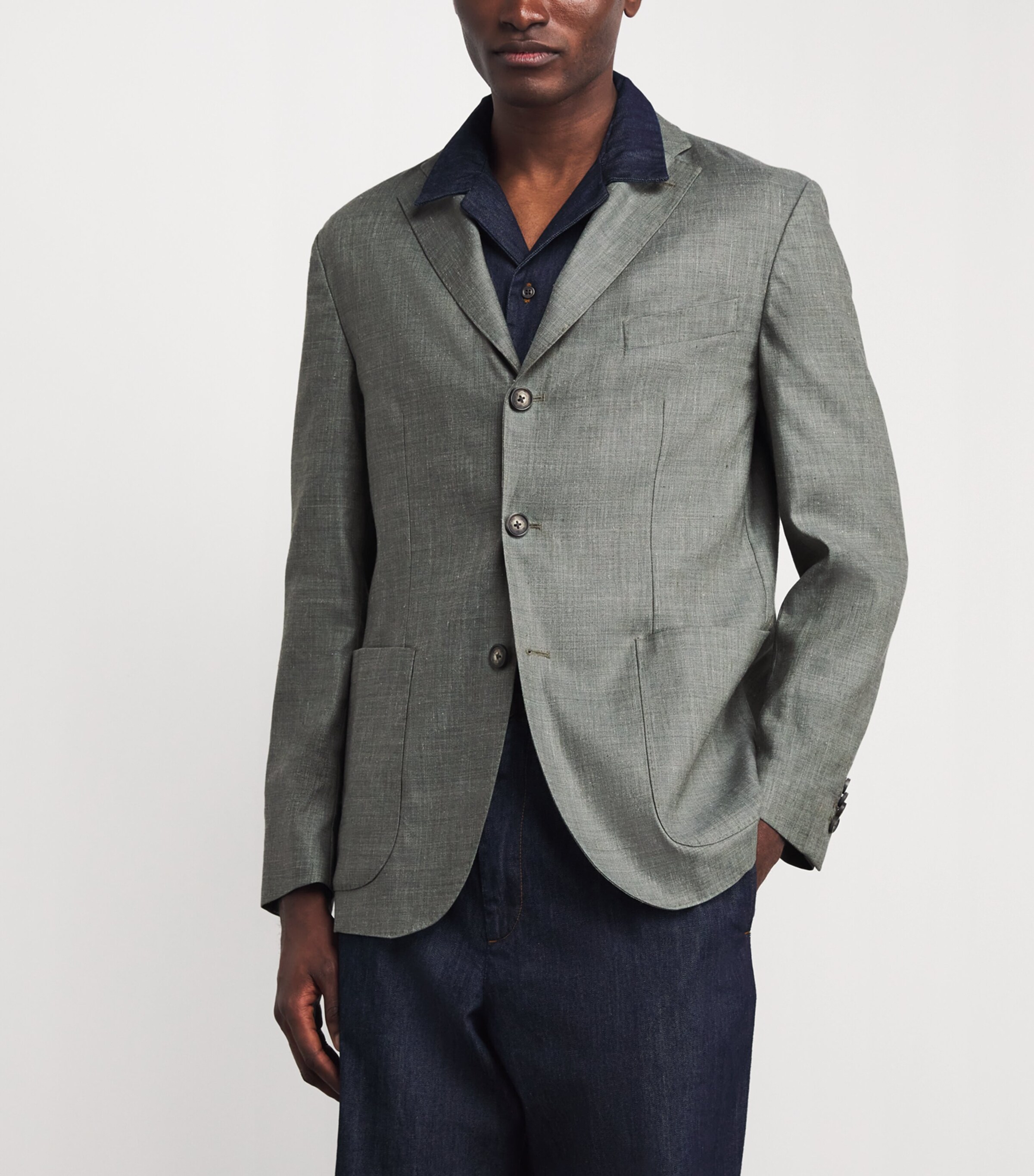 Eton Mens Wool-Silk-Linen Blazer Mid Green Image 4