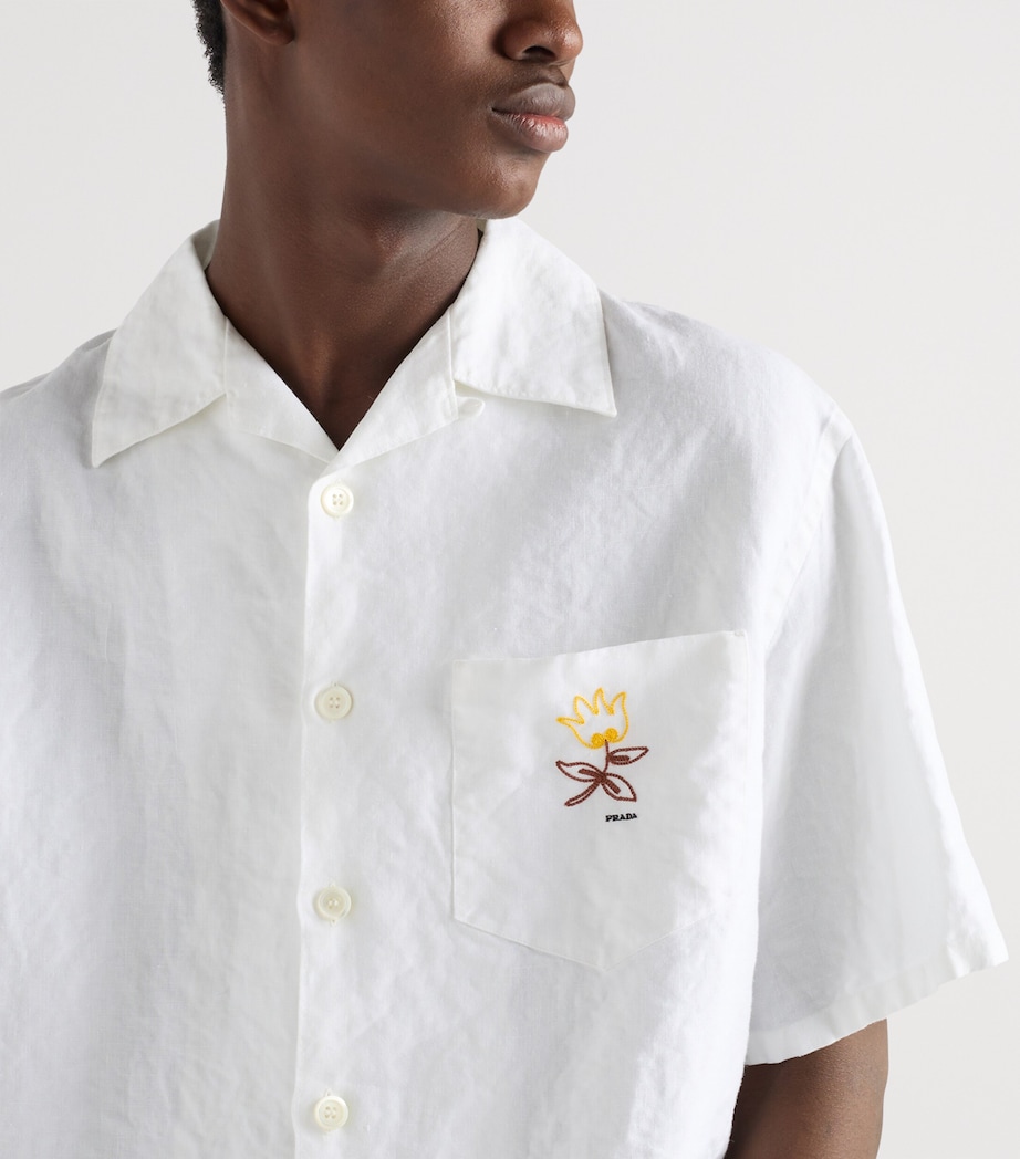 Prada Mens Linen Embroidered Oversized Bowling Shirt White Image 5