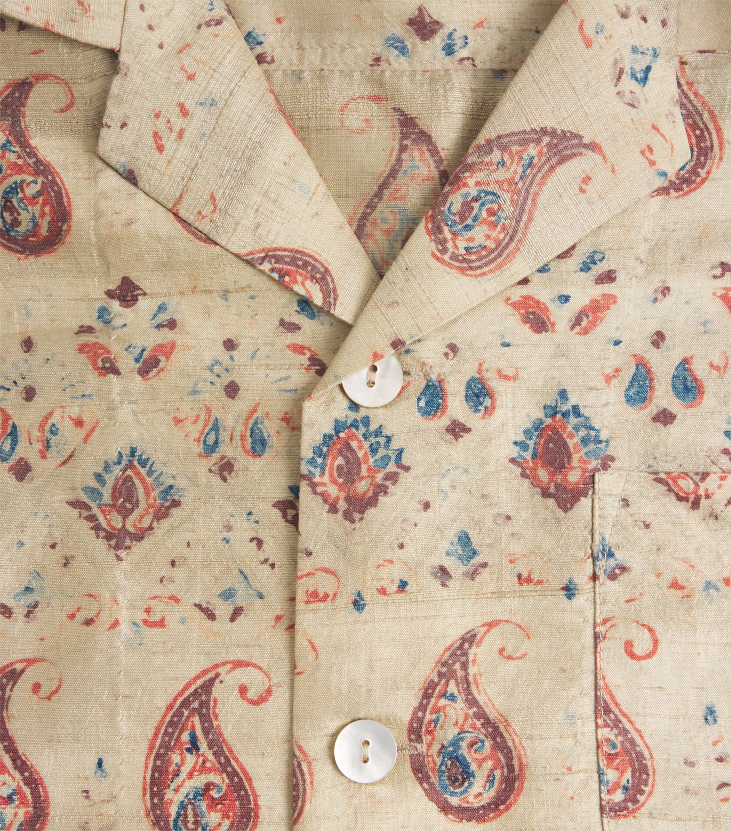 Kartik Research Mens Silk Printed Short-Sleeve Shirt Ecru/ Orange/ Indigo Image 6