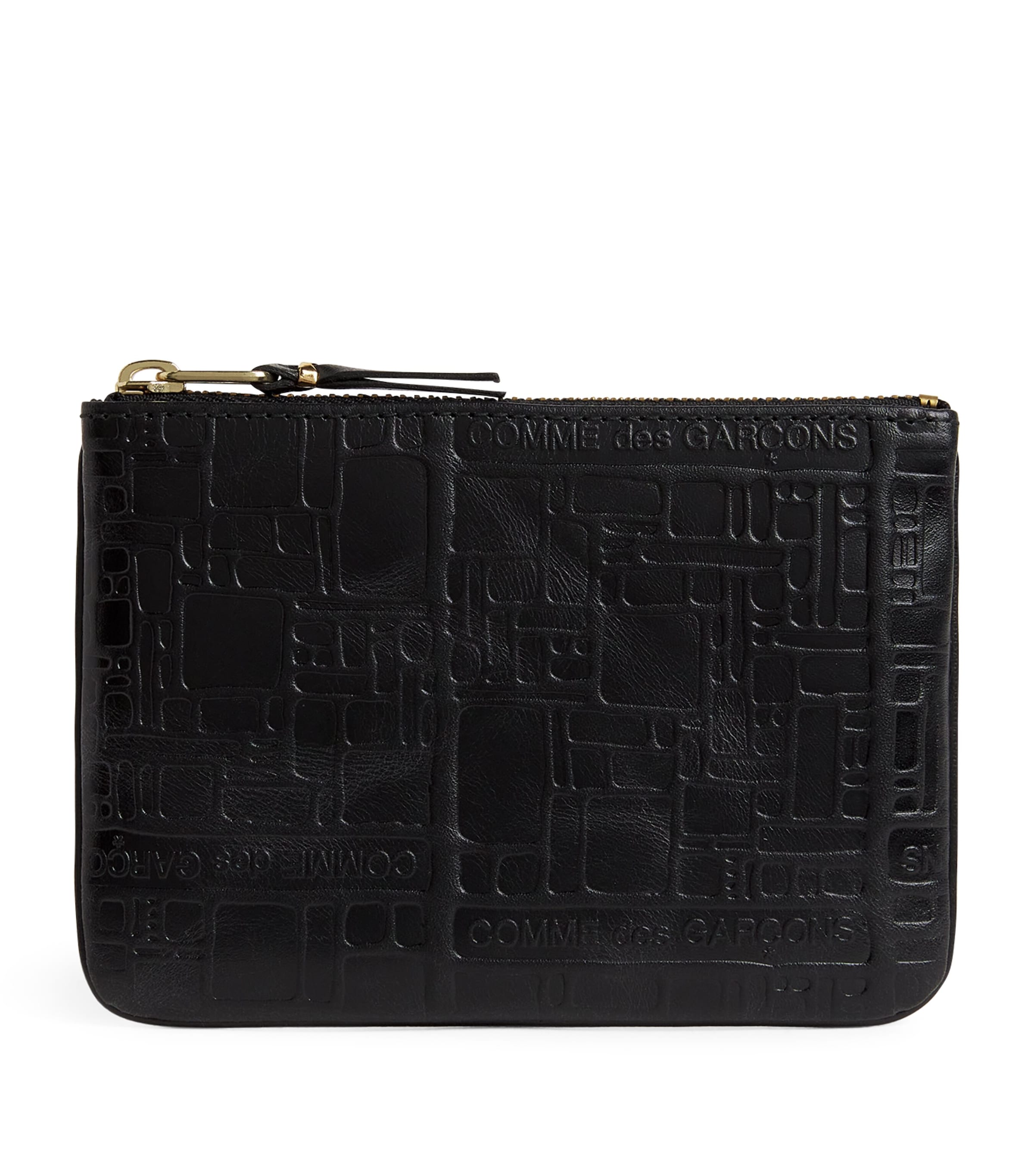 Shop Comme Des Garçons Leather Logo Embossed Zipped Pouch In Black