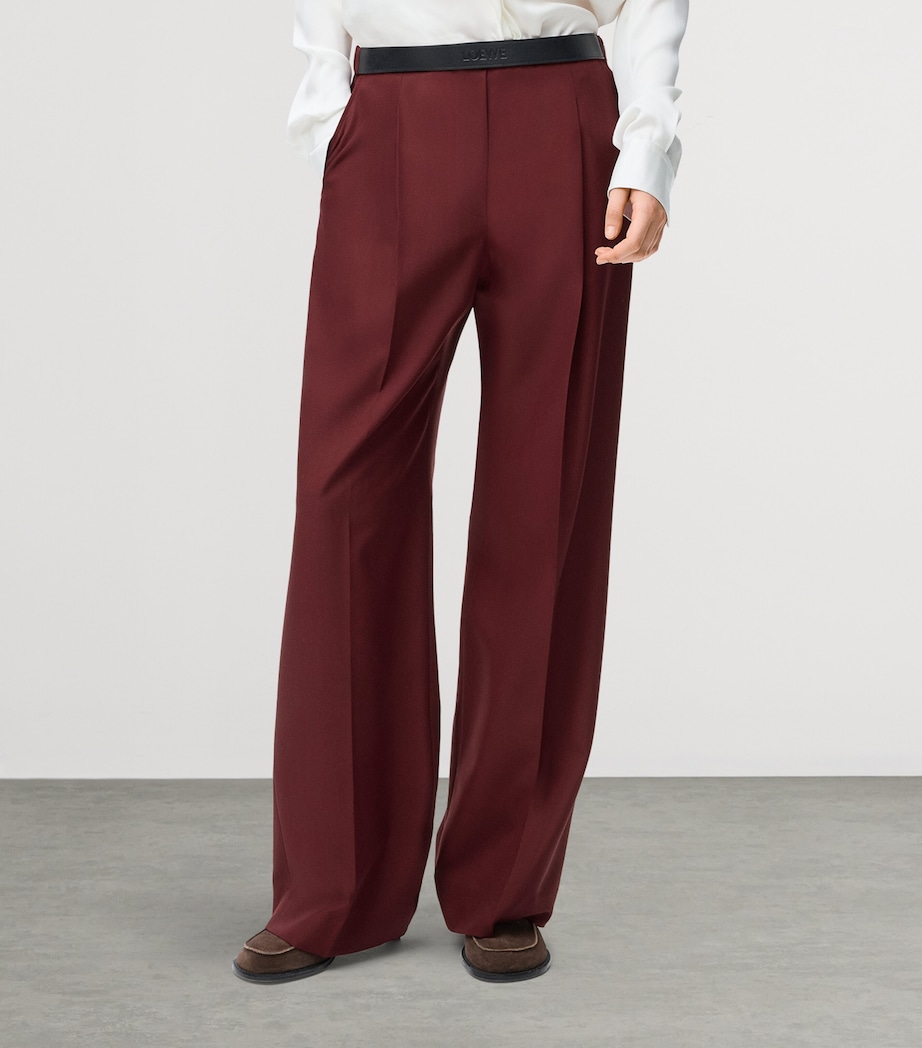 Wool Leather-Waistband Tailored Trousers BURGUNDY Image 3
