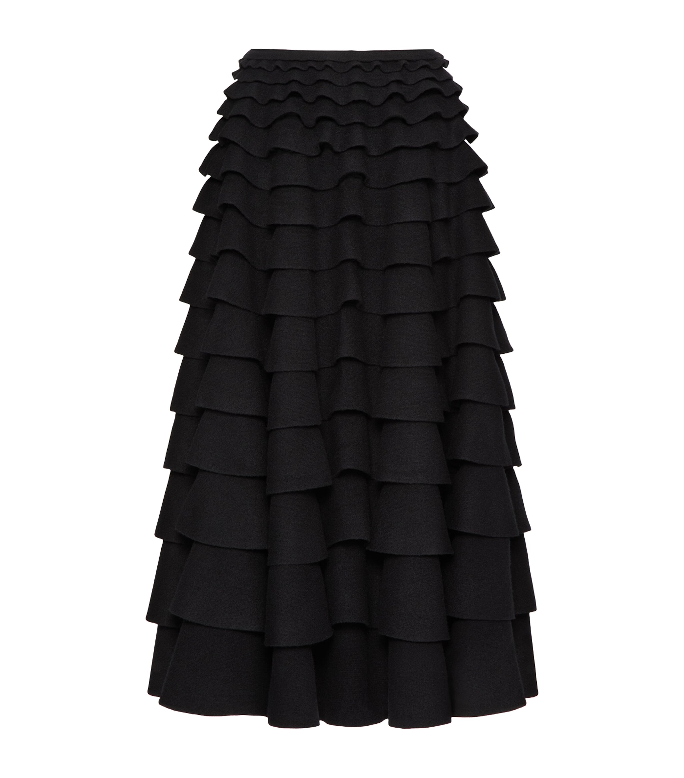 Shop Valentino Wool Tiered Midi Skirt In Black