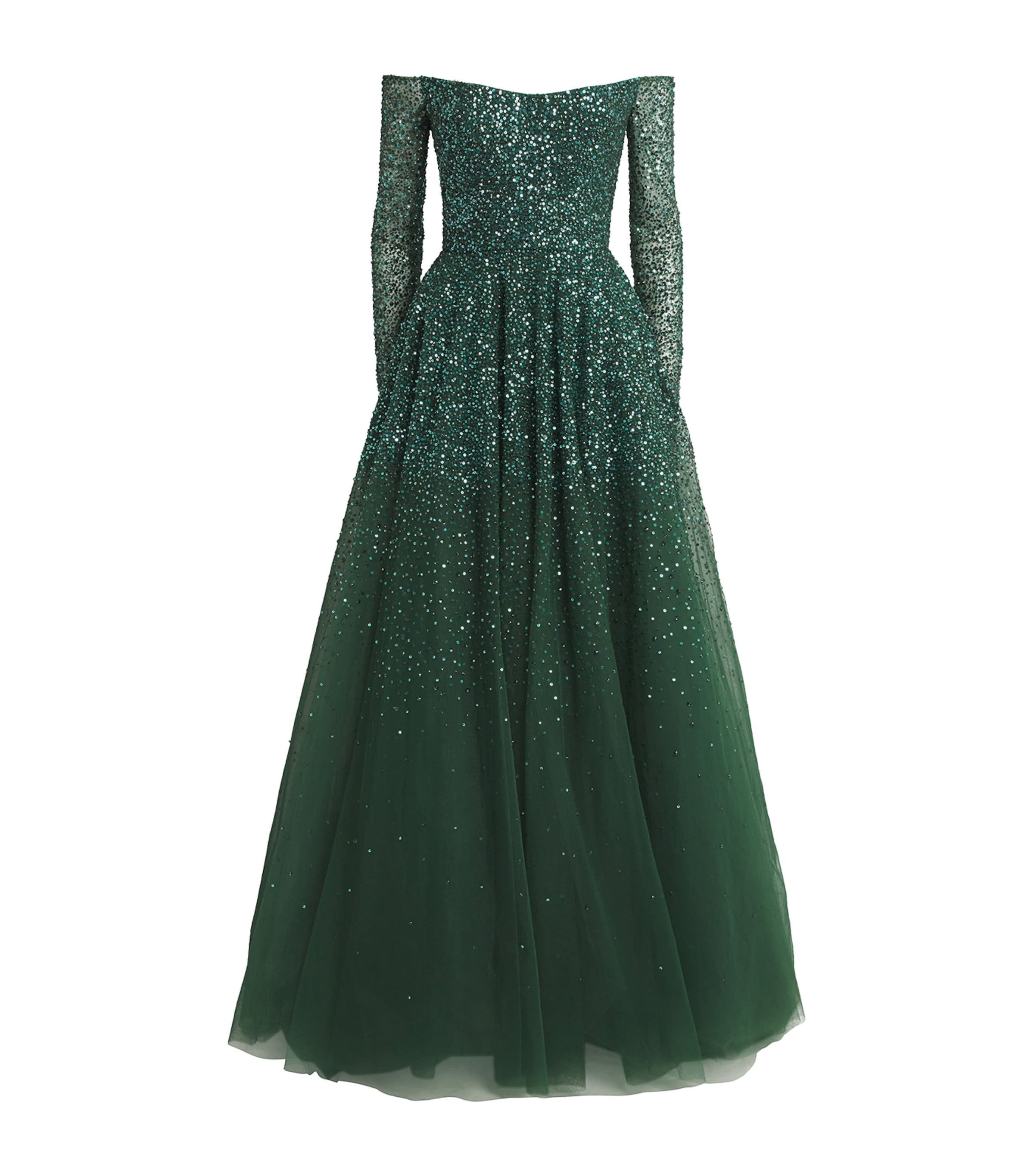 Monique Lhuillier Womens Embroidered Off-The-Shoulder Gown Juniper Image 1