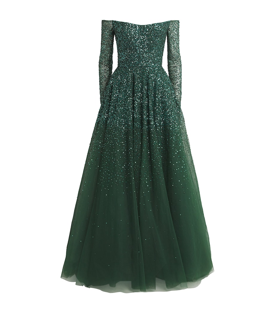 Monique Lhuillier Womens Embroidered Off-The-Shoulder Gown Juniper Image 1