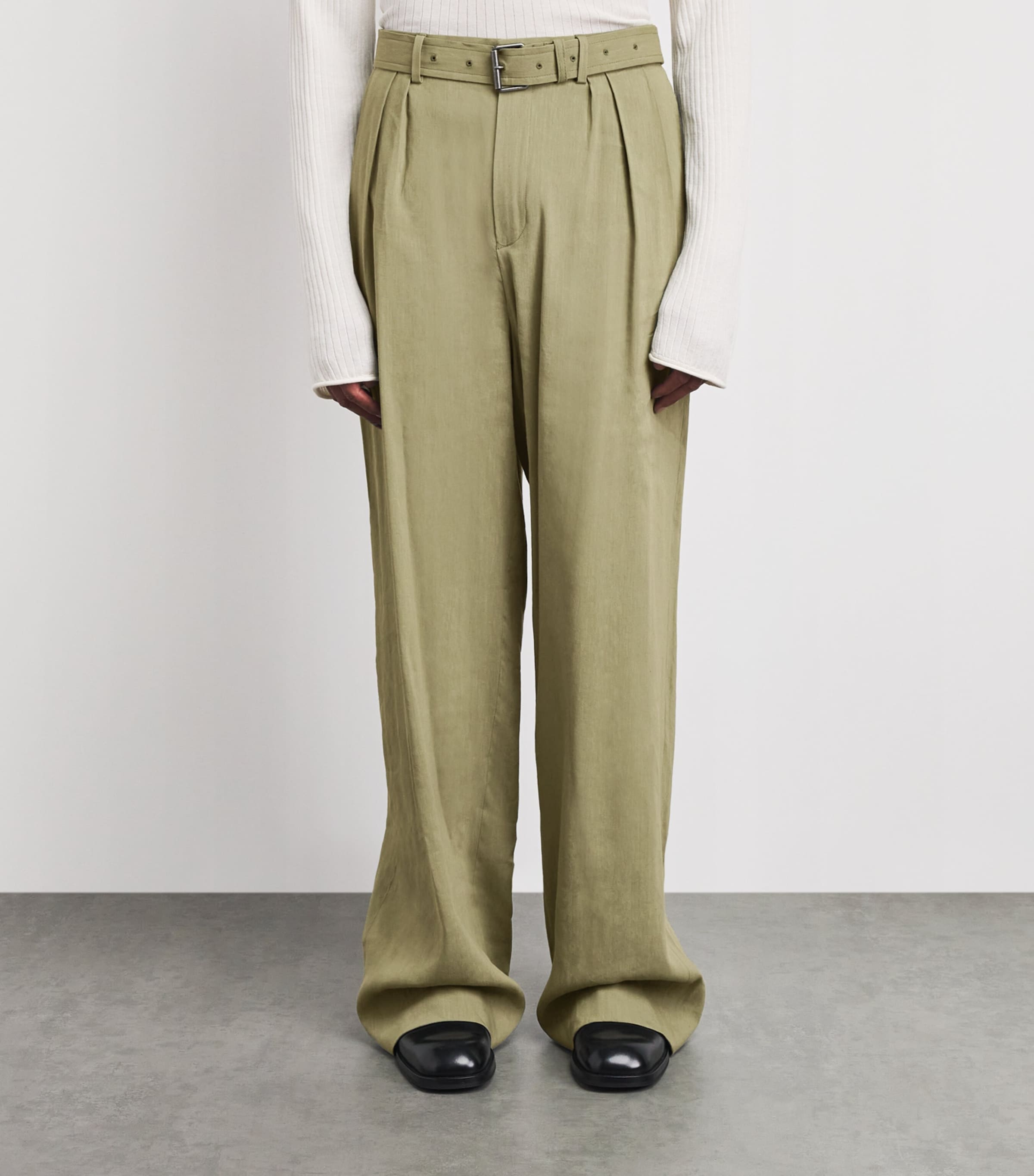 DRIES VAN NOTEN Mens Linen-Blend Belted Straight Trousers Pistache Image 4