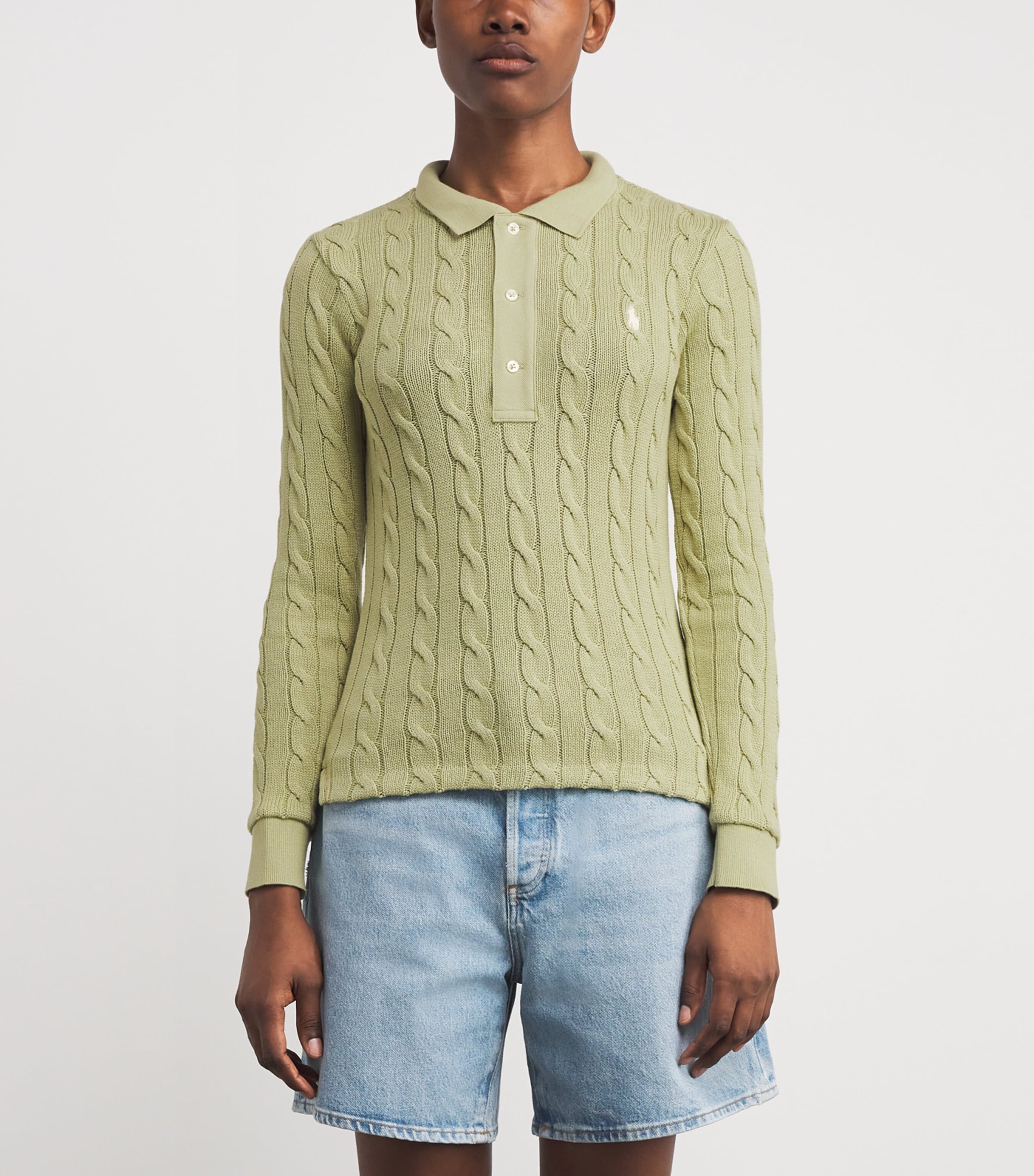 Cotton Cable-Knit Long-Sleeve Polo Shirt LIGHT OLIVE Image 3