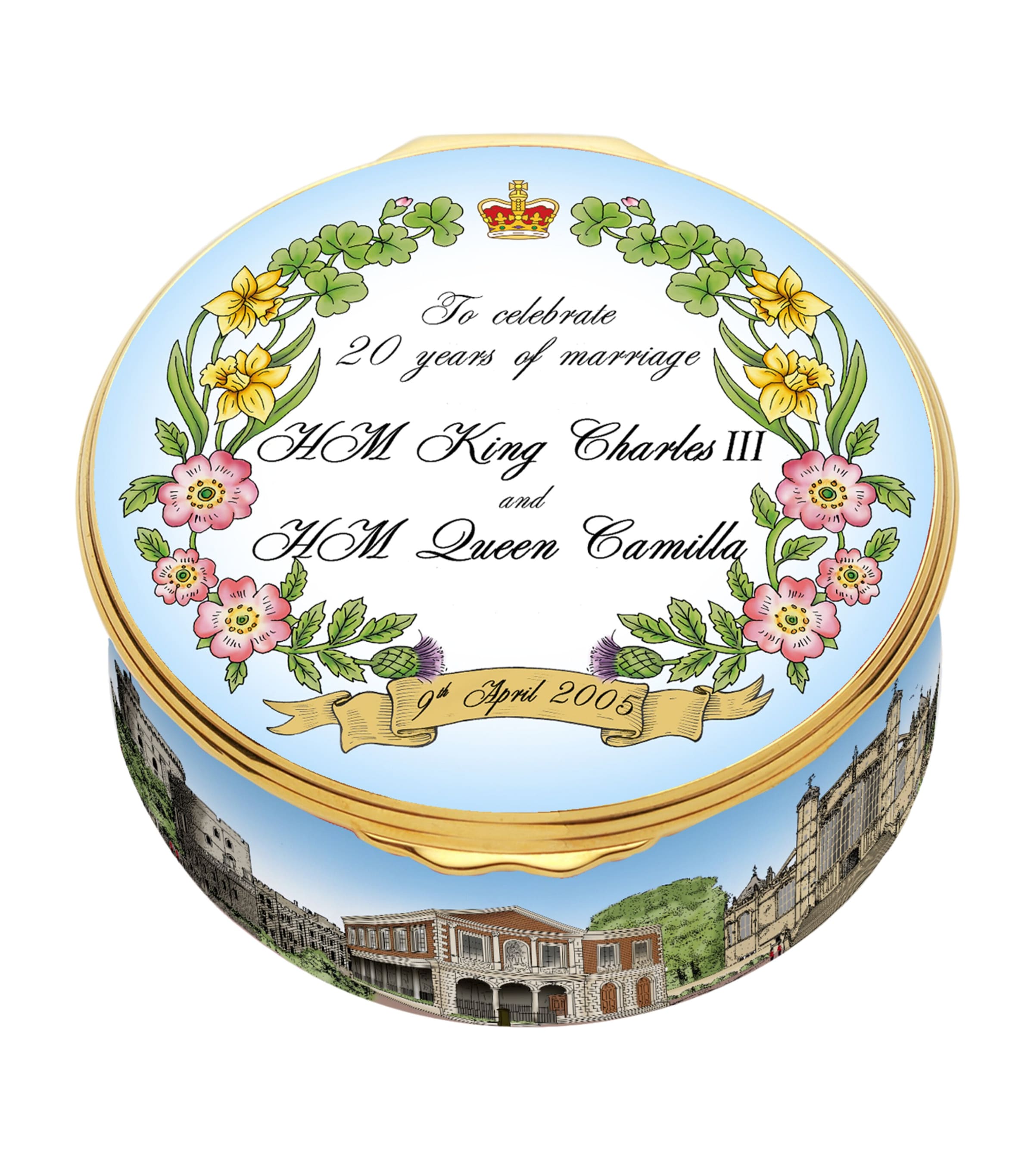 Halcyon Days King Charles Iii & Queen Camilla 20th Wedding Anniversary Enamel Box In Multi