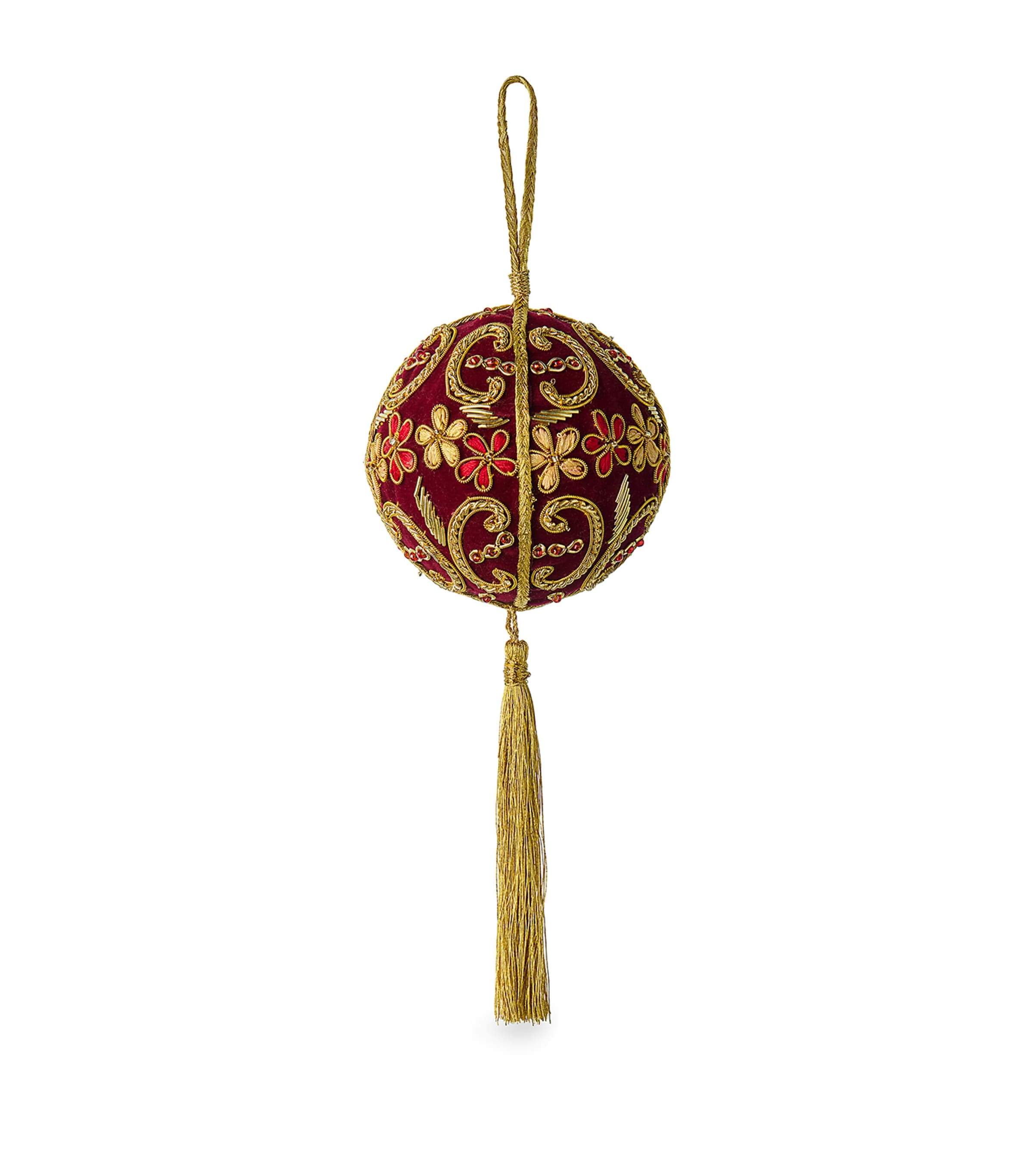 Sudha Pennathur Velvet Beaded Tassel Bauble In Red
