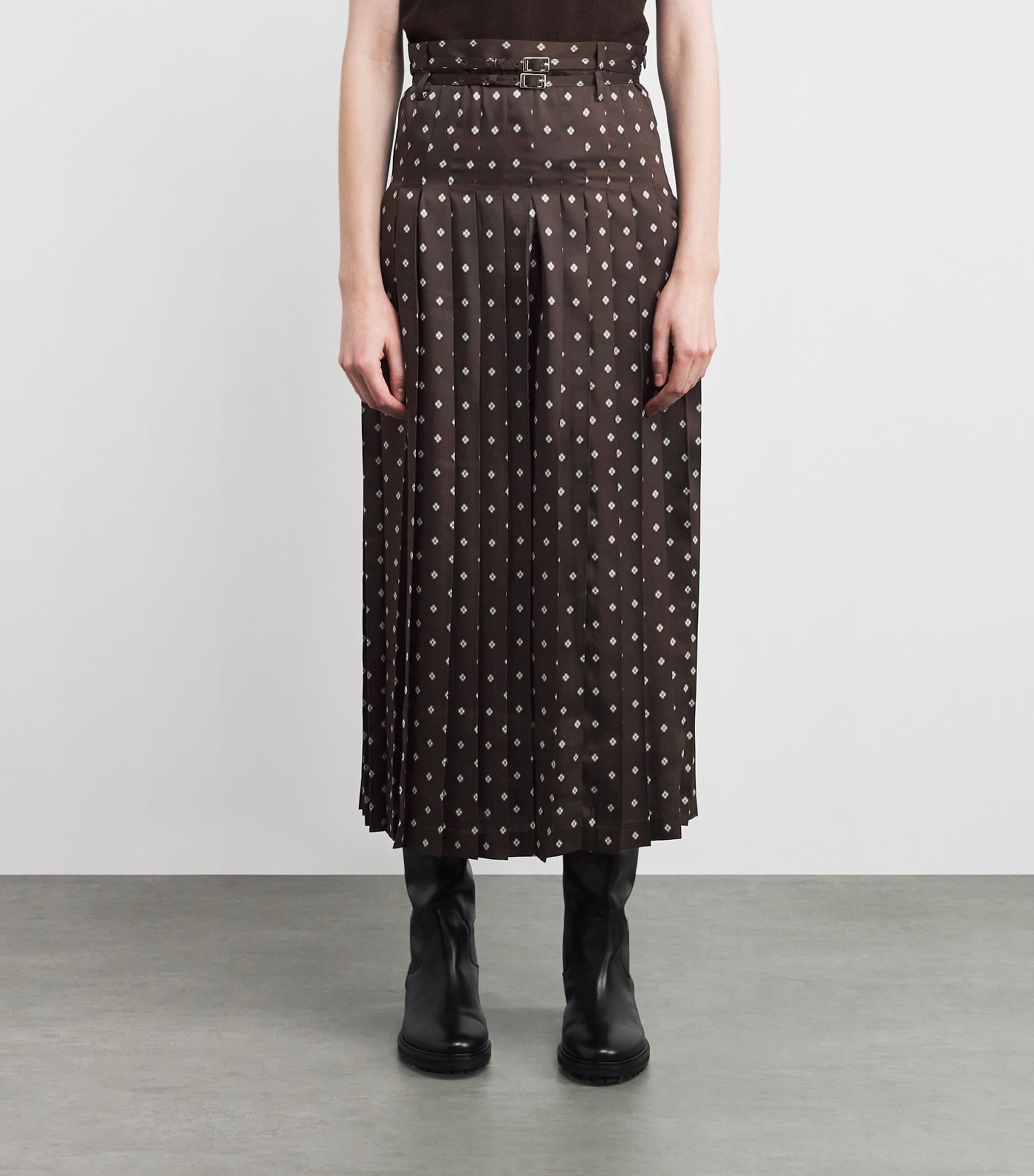 Pleated Patterned Midi Skirt BROWN / WHITE Image 3