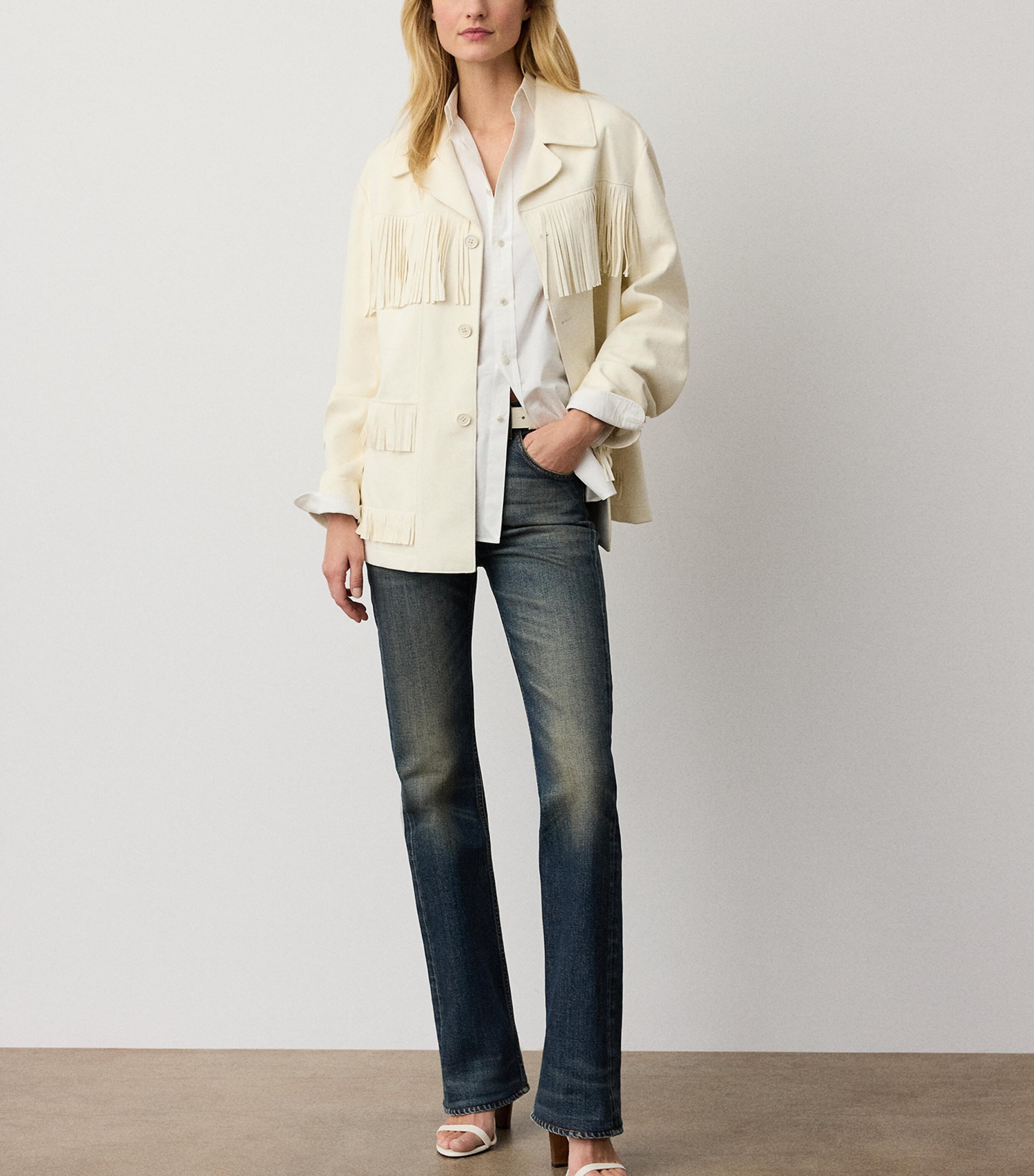 Ralph Lauren Collection Womens Lamb Suede Fringe-Trim Perce Jacket Cream Image 3