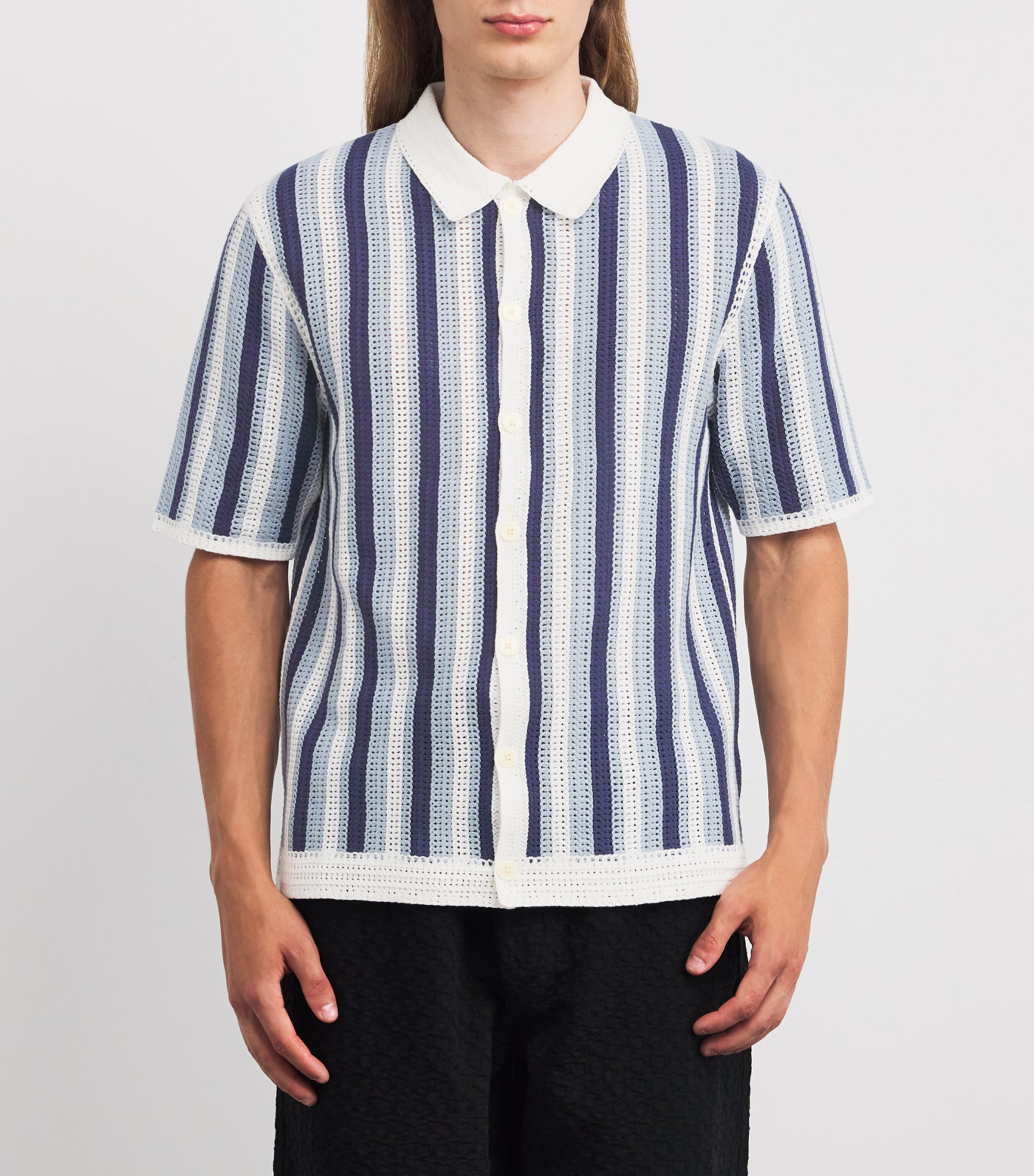 Wax London Mens Crochet Stripe Shirt Blue / Ecru Image 3