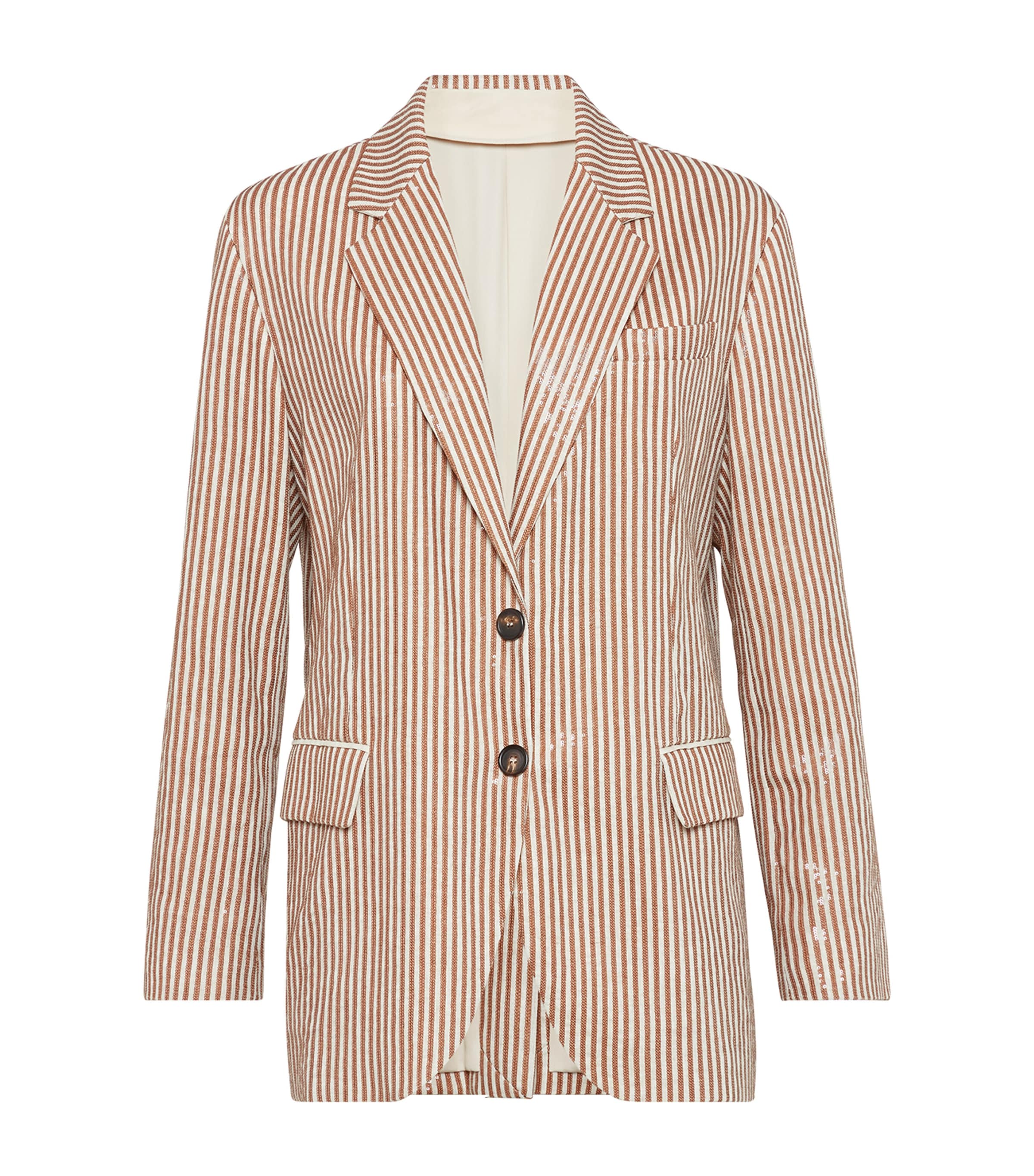 Brunello Cucinelli Linen Sequin-stripe Blazer In Beige
